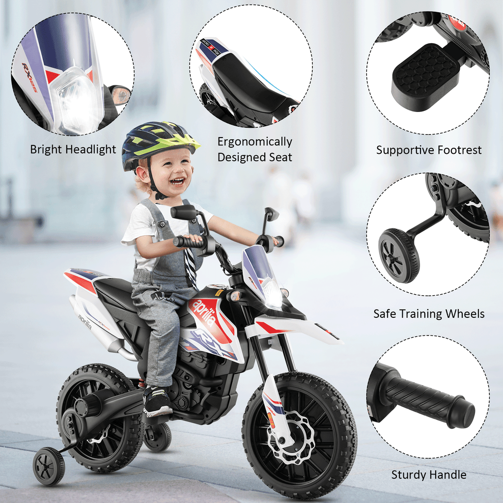 Aprilia Licensed Kids Ride On Motorcycle with 2 Training Wheels-White