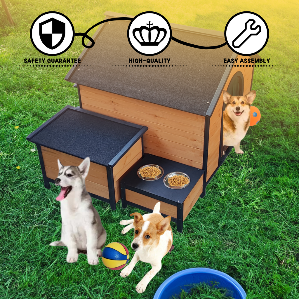 XPT088 Wearable and Strong Wooden Dog House with Metal Bowls and Toy Box, Natural, Solid Wood, 55.12 x 38.98 x 37.00 inches