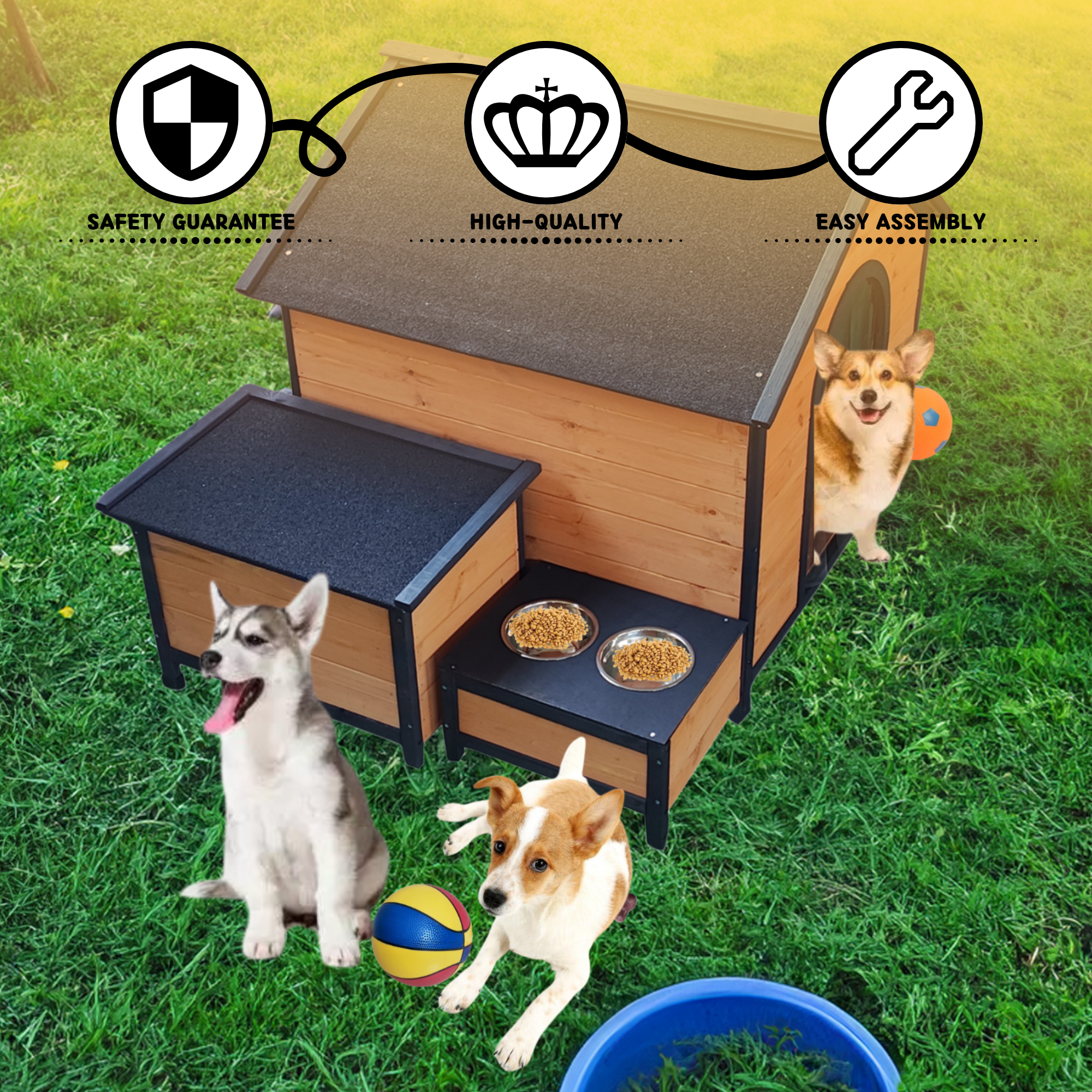 XPT088 Wearable and Strong Wooden Dog House with Metal Bowls and Toy Box, Natural, Solid Wood, 55.12 x 38.98 x 37.00 inches