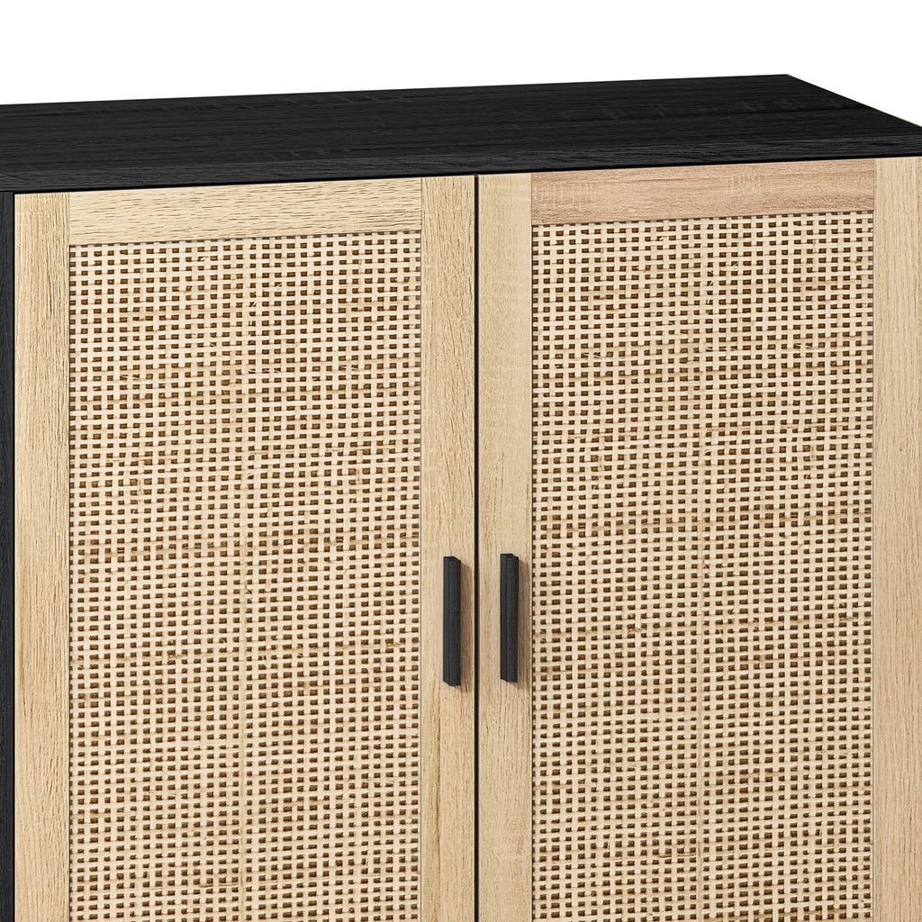 Elegant and Functional 4-Door Rattan Decorative Storage Cabinet for Bedroom, Living Room, Office, Black, Particle Board, 62.20'