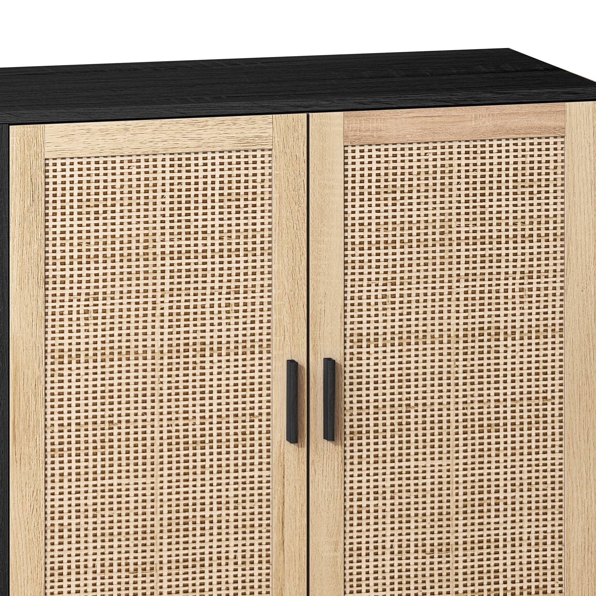 Elegant and Functional 4-Door Rattan Decorative Storage Cabinet for Bedroom, Living Room, Office, Black, Particle Board, 62.20'