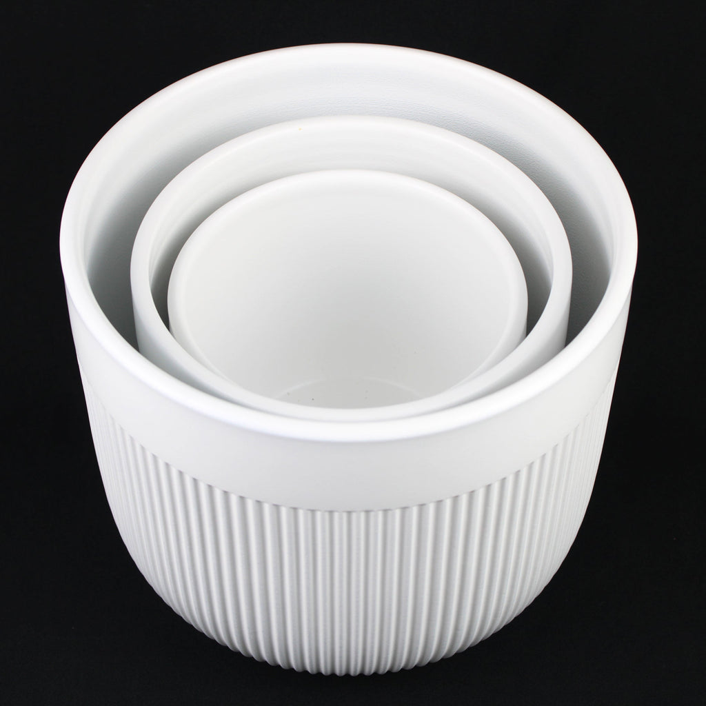 3-Piece White Stoneware Planter Pot Set with Vertical Line Texture