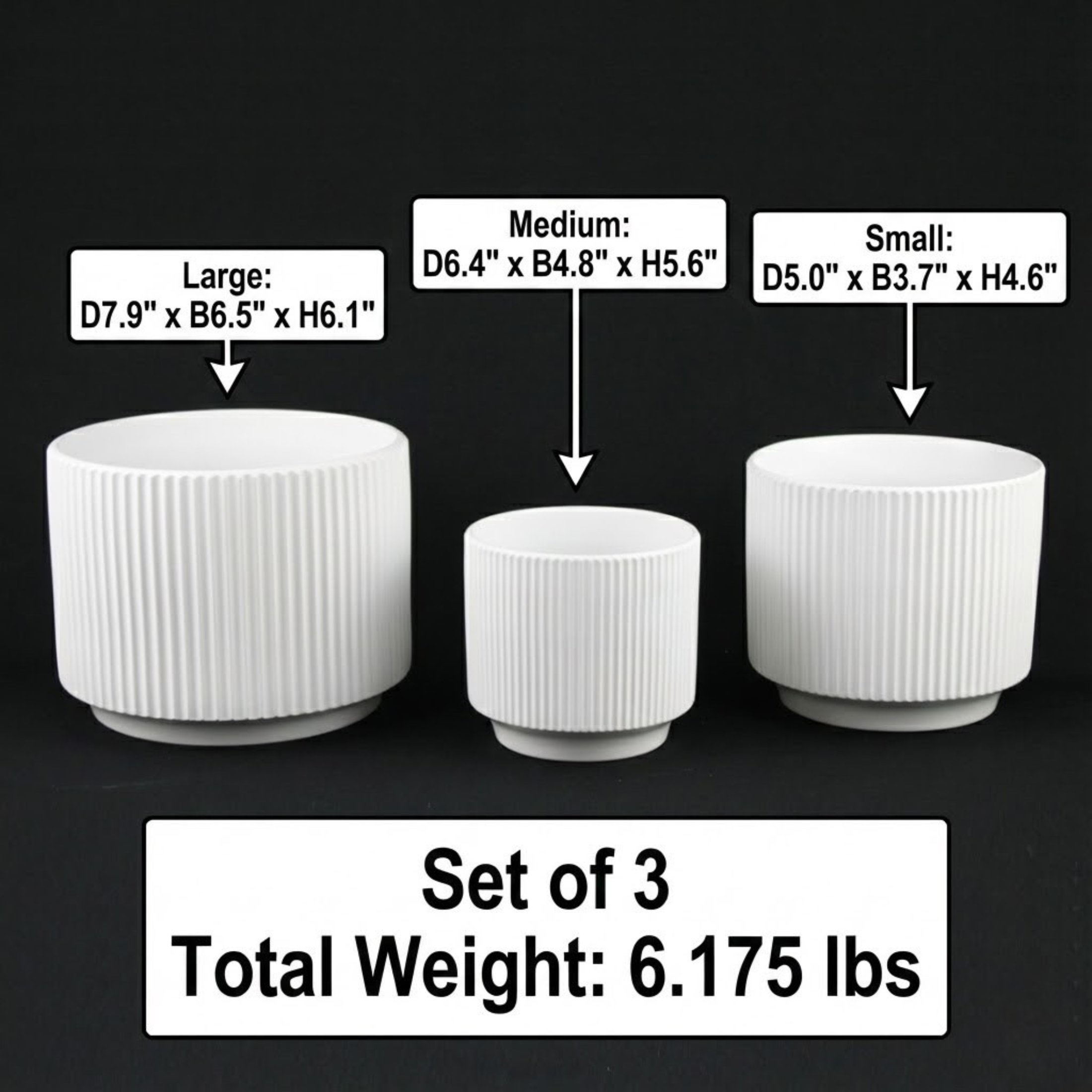 3-Piece White Stoneware Planter Pot Set with Ribbed Texture