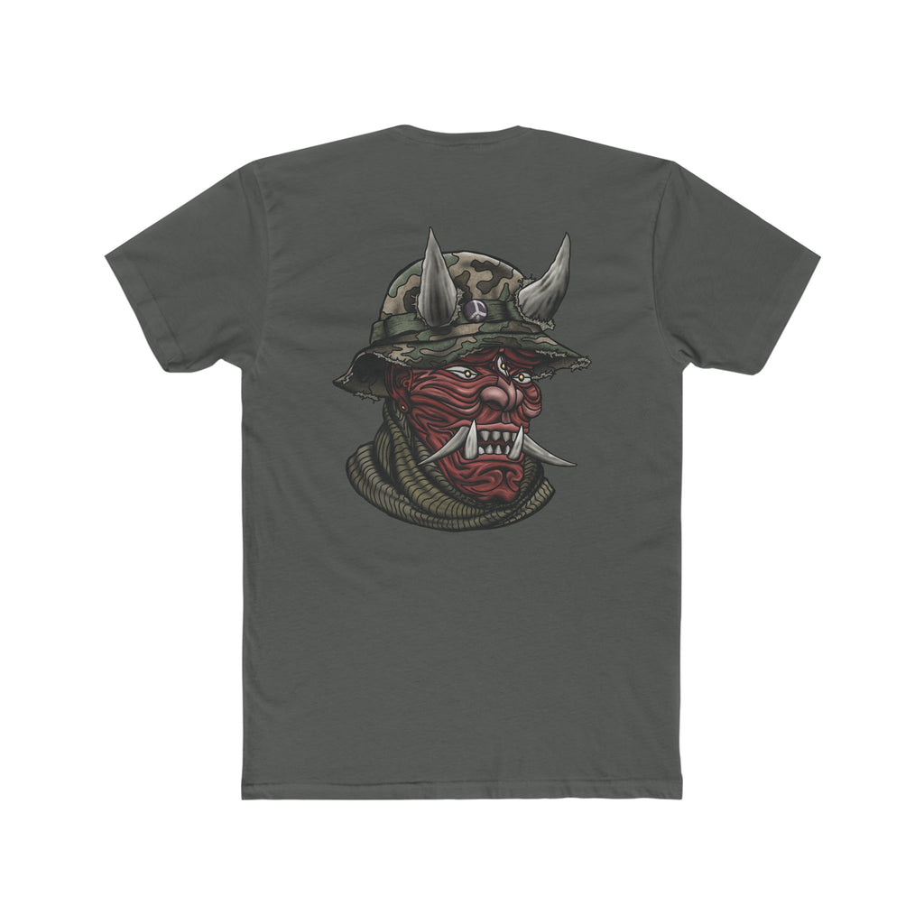 Peace Sign Oni Hannya With Camouflage Boonie Cover - Crew Tee