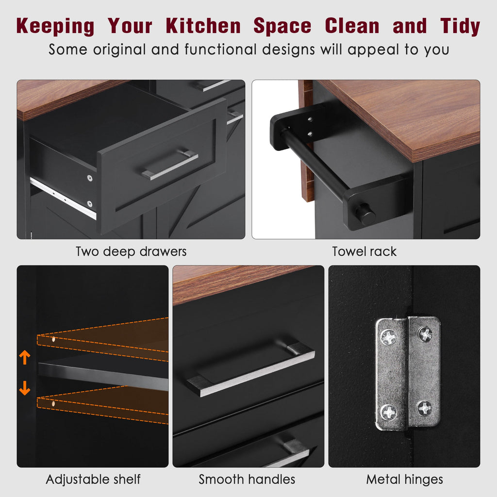 K&K 47.2' Farmhouse Kitchen Island with Drop Leaf, Kitchen Storage Island with Removable Side Racks, Two Drawers, Rolling Kitchen Cart on Wheels with Towel Rack, for Home, Kitchen, Dining Room, Black