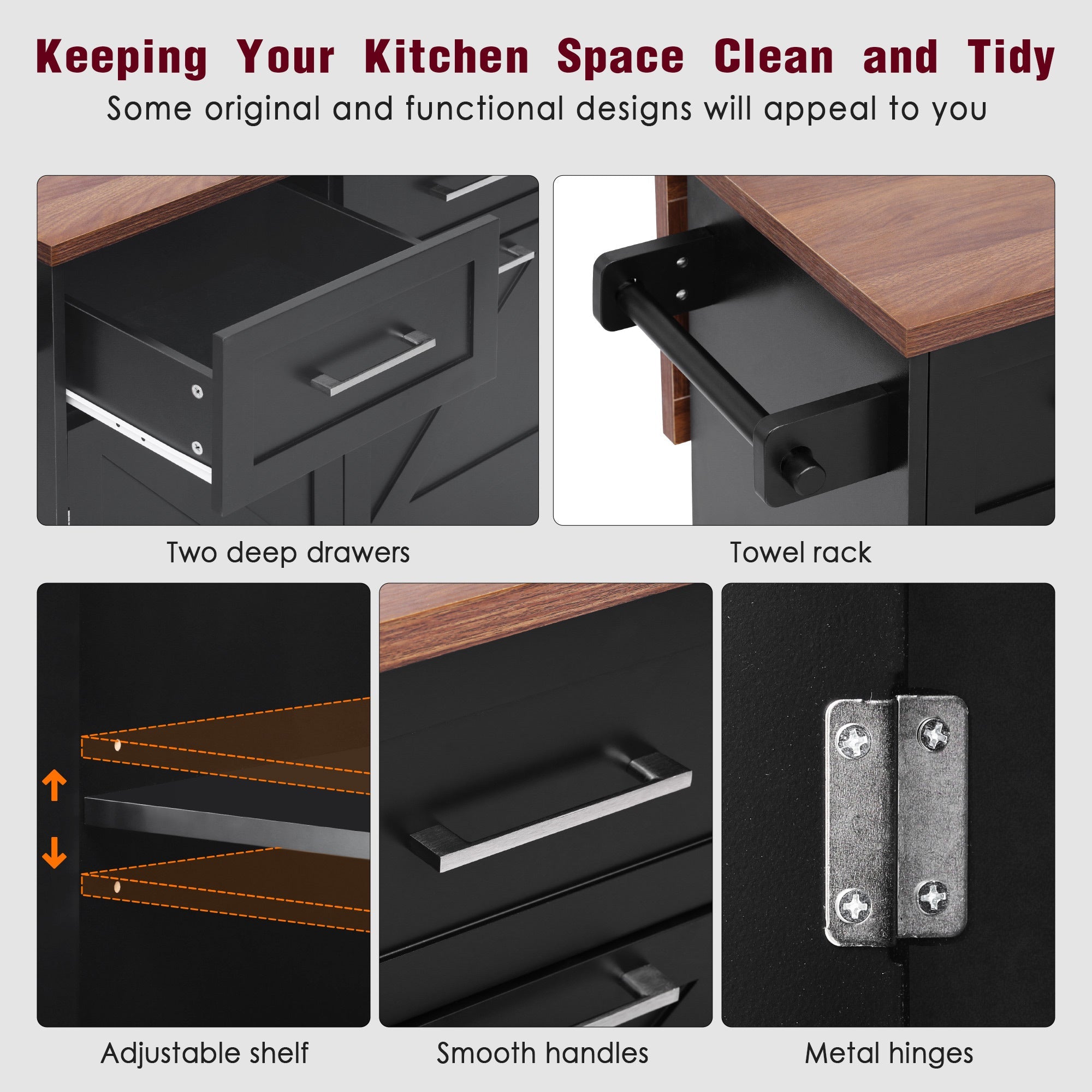 K&K 47.2' Farmhouse Kitchen Island with Drop Leaf, Kitchen Storage Island with Removable Side Racks, Two Drawers, Rolling Kitchen Cart on Wheels with Towel Rack, for Home, Kitchen, Dining Room, Black