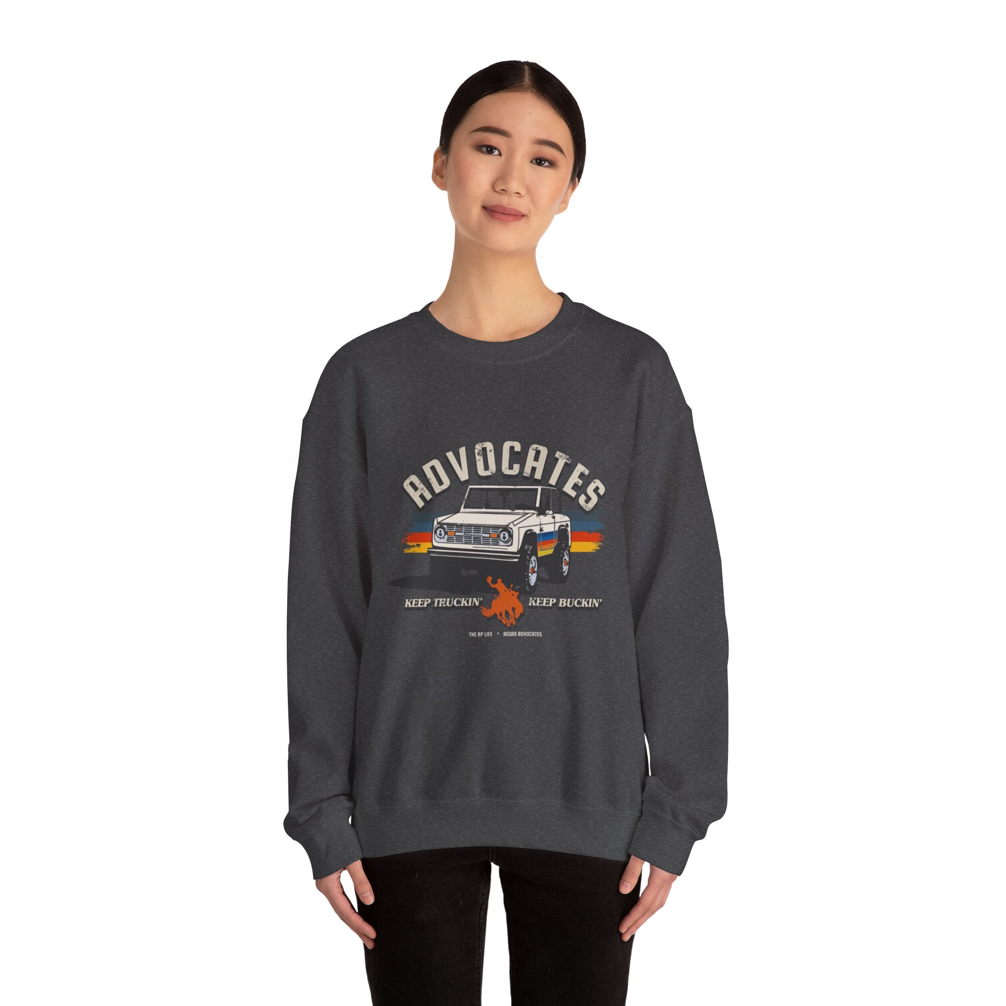 Advocates Keep Truckin', Keep Buckin' - Retro Bronco Truck - Unisex Heavy Blend™ Crewneck Sweatshirt