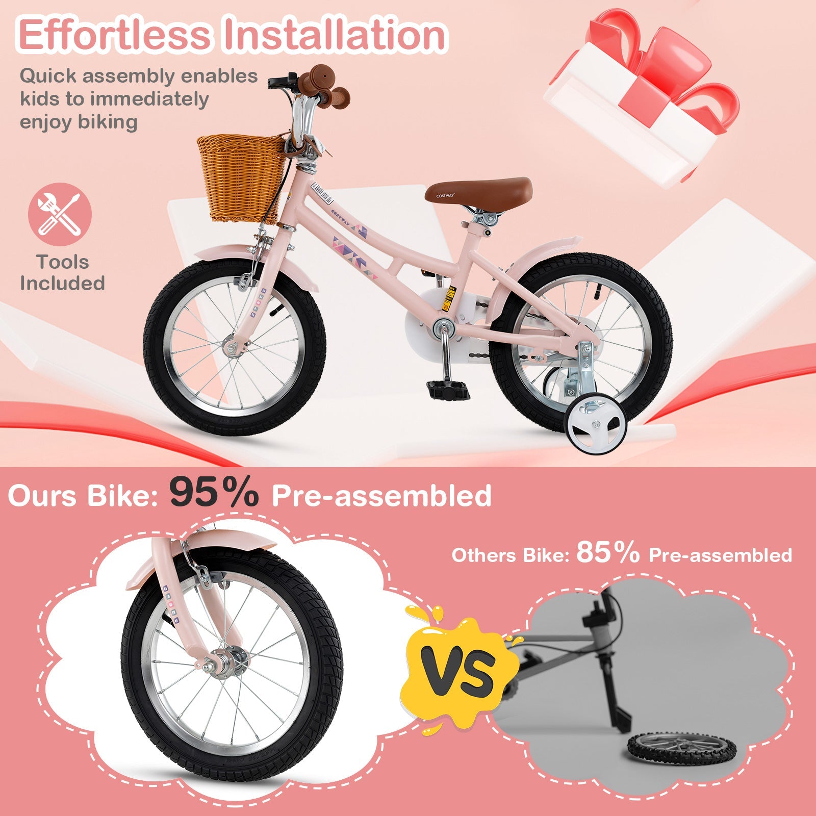 14 Inch Kids Bike Retro Bicycle with Adjustable Height and Basket for Ages 3-5 Years Old-