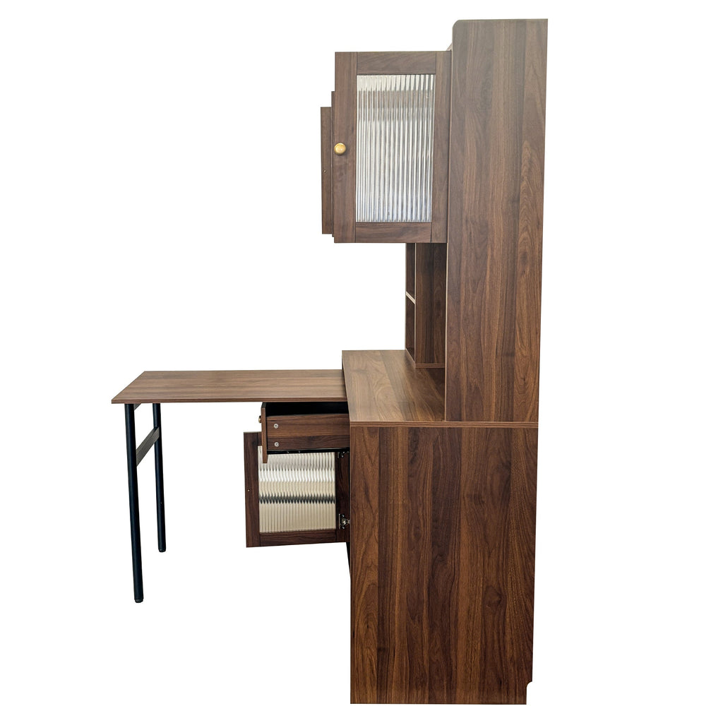 Computer Desk with glass door for Home Office or Study desk,  Bookshelf & Hutch, Computer Desk with 90 Degree Rotating Desktop,Large Working Space