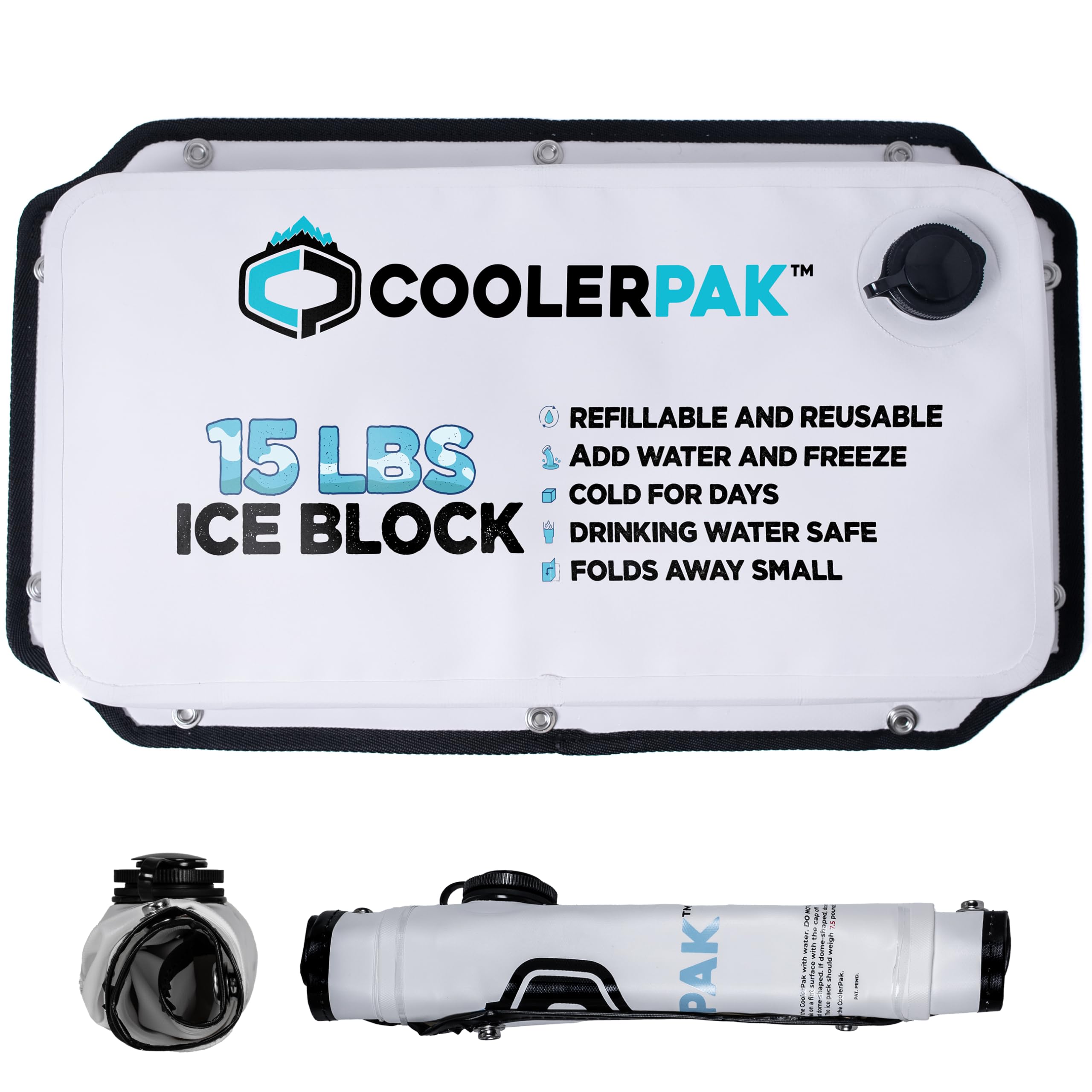 CoolerPak 15lb Ice Pack -Refillable Reusable  – Cold for Days – Non-Toxic, Leakproof, Potable Drinking Water Safe – Built Tough, Rolls Up for Storage