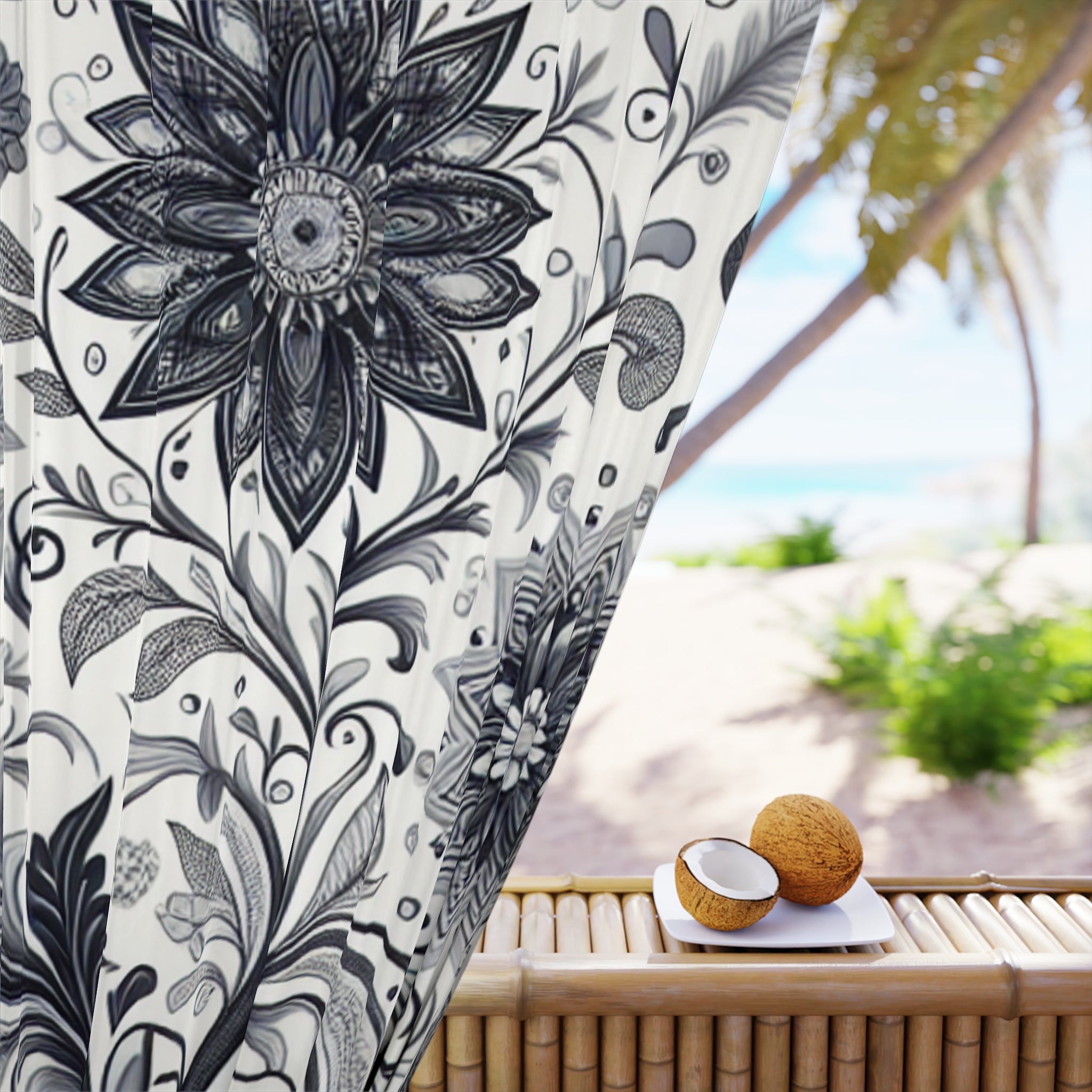 Elegant Floral Window Curtain, Home Decor, Black and White Floral Drapes, Living Room Curtains, Bedroom Window Treatment