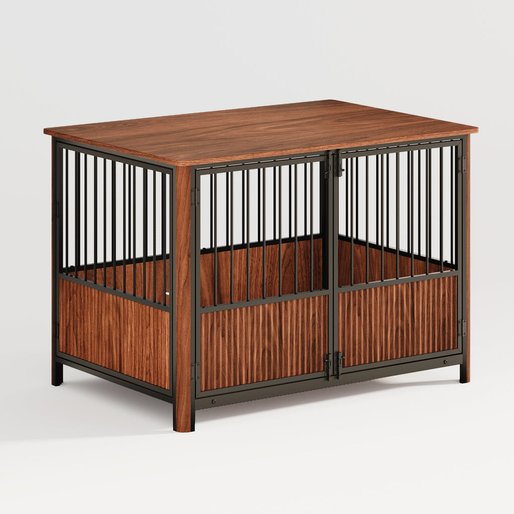 43'' Walnut Fluted Wood Furniture Style Dog Crate for Large & Medium Dogs - Double Door Design, Decorative Pet House & Indoor Side End Table.