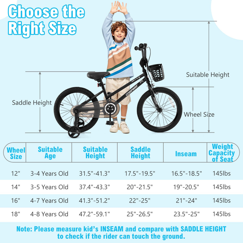 18 Inch Kids Bike with Basket and Training Wheels for Children Aged 4-8 Years Old