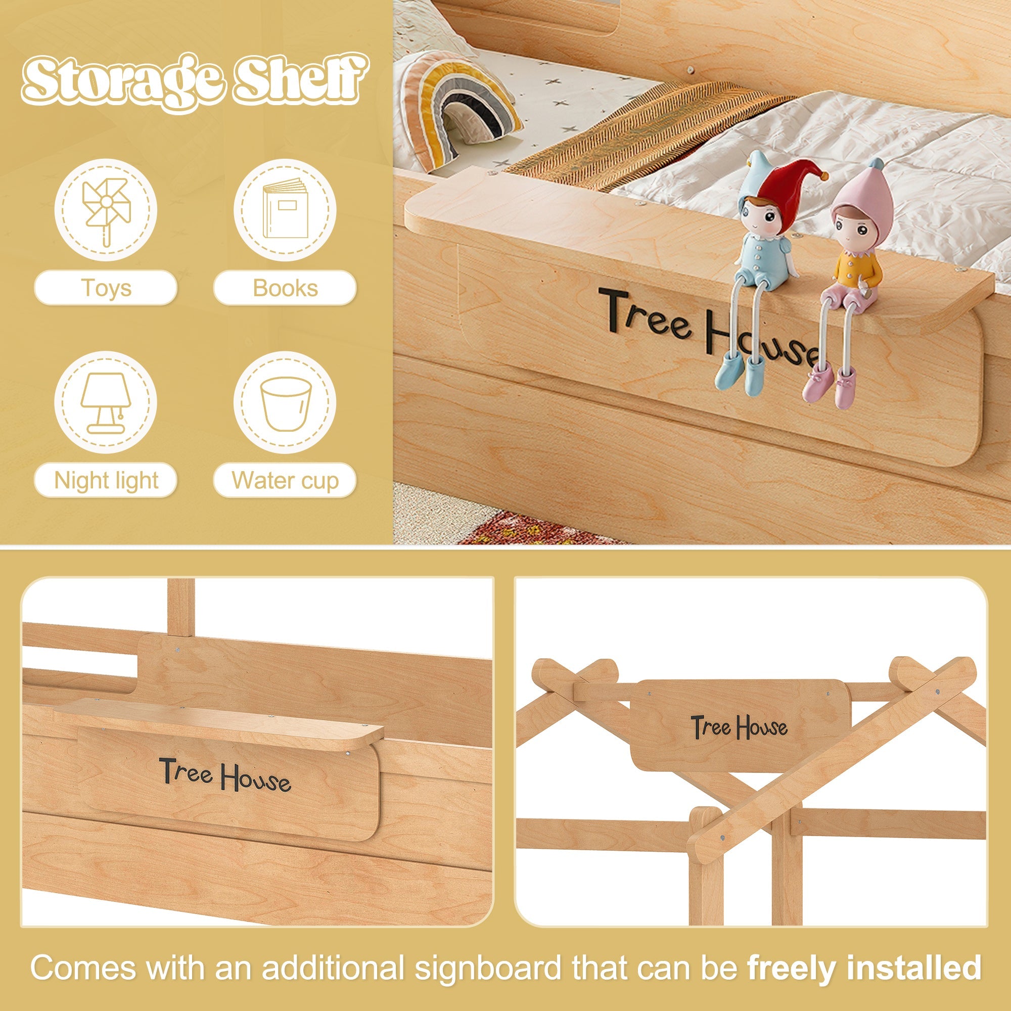 Full Size Floor Bed with Guardrails and Roof, Kids House Floor Bed with a Small Built-in Tray and Free-installed Signboard, Childlike Design, Natural