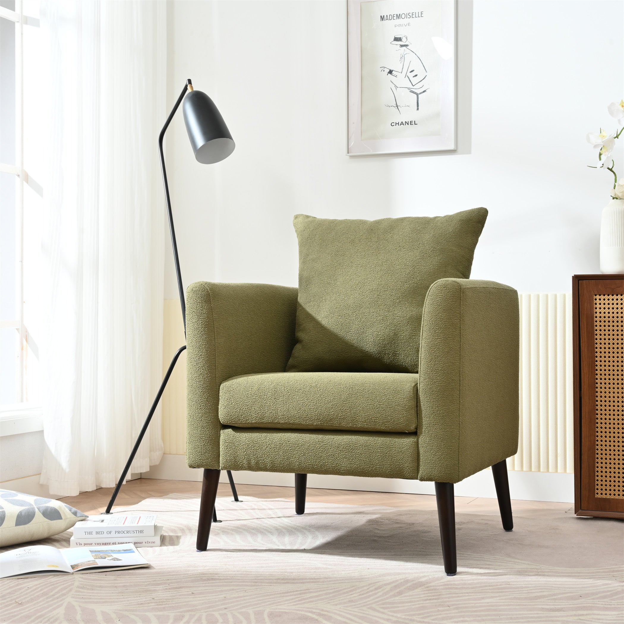 Modern Fabric Accent Chair, Upholstered Armchair for Living Room, Mid Century Fabric Lounge Chair w/Pillow, Comfortable Reading Chair with Wood Legs for Living Room, Bedroom, Reception Room (Olive)