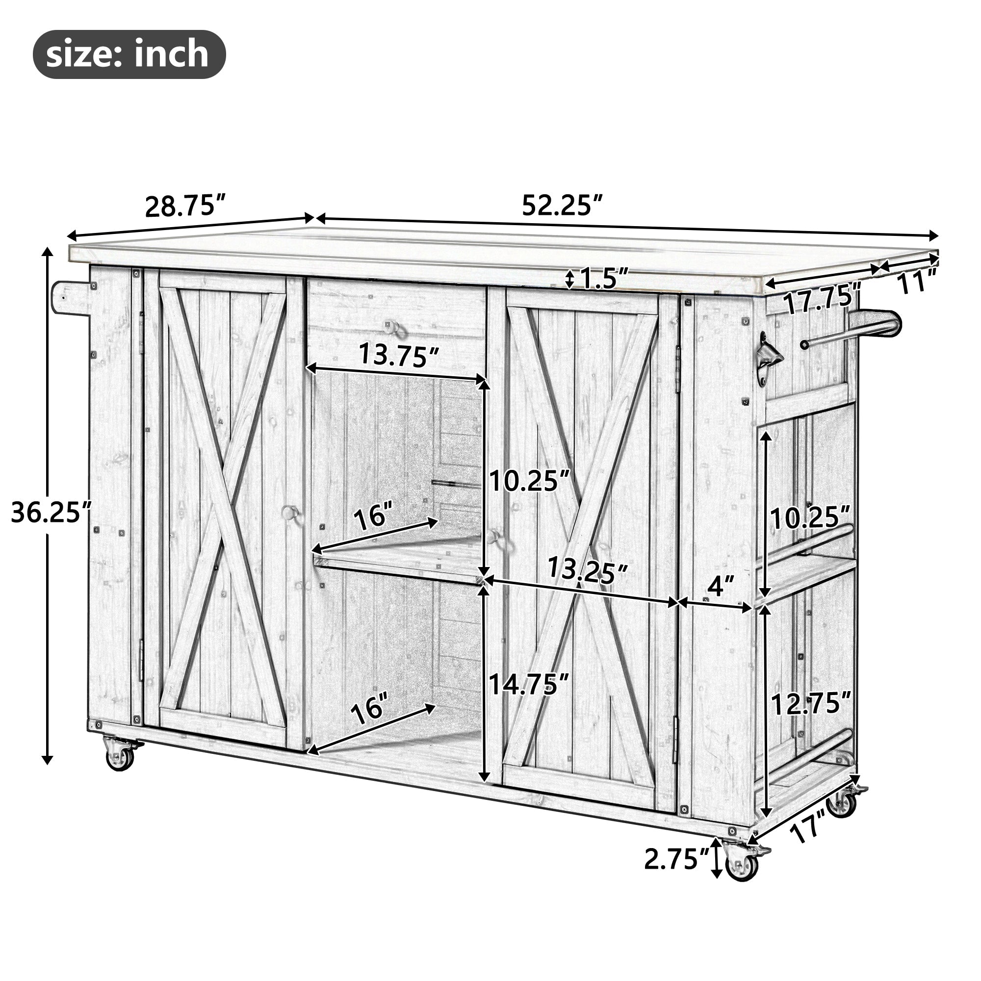 Outdoor Kitchen Island Fir Wood Kitchen Island with Stainless Steel Top, Ample Storage Space, Towel and Spice Racks, Bottle Opener, Natural