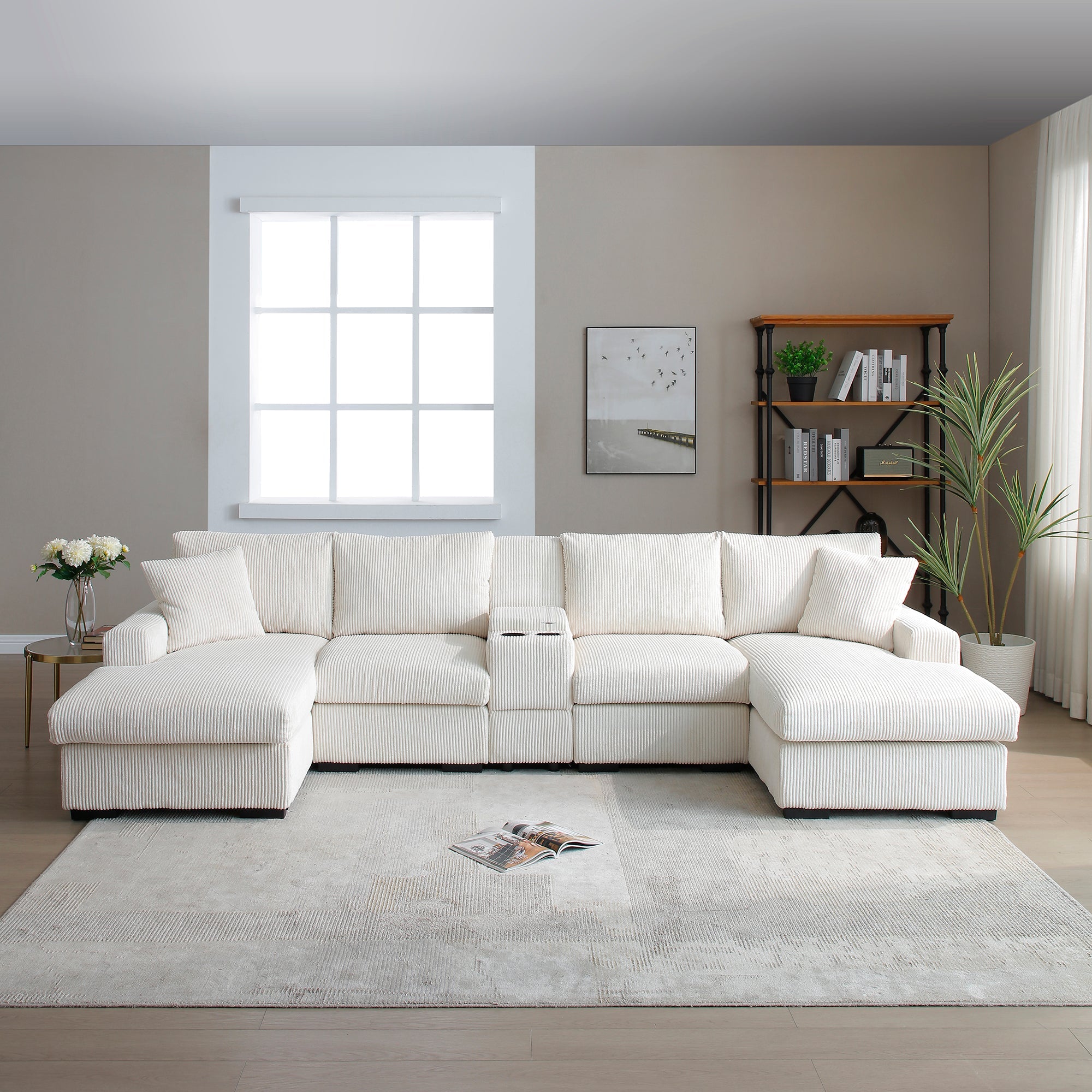 U Shaped Cloud Couch Sectional Sofa for Living Room,126' Oversized Comfy Cloud Sofa with Console,Cup Holder ,Double Chaise, Beige