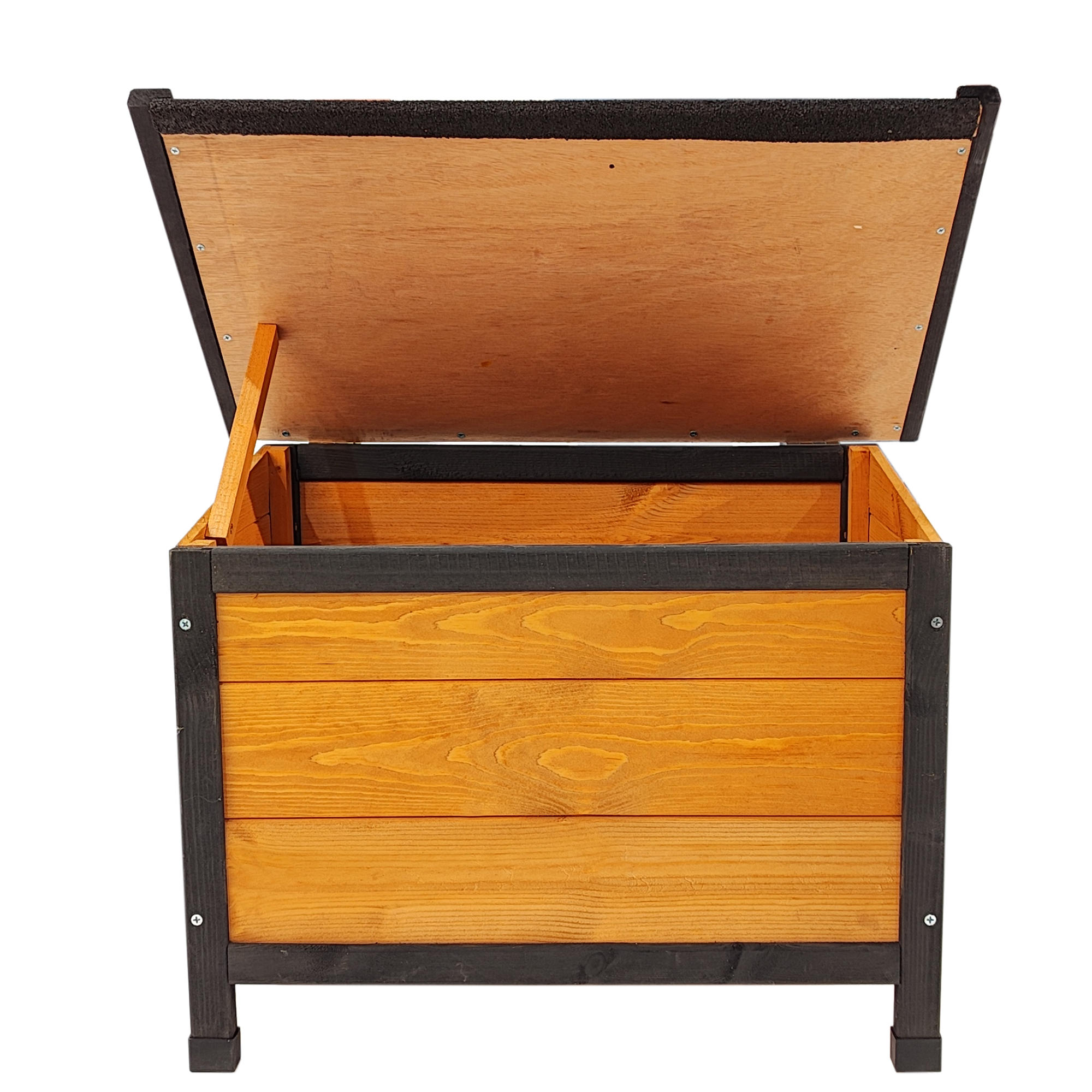 XPT088 Wearable and Strong Wooden Dog House with Metal Bowls and Toy Box, Natural, Solid Wood, 55.12 x 38.98 x 37.00 inches