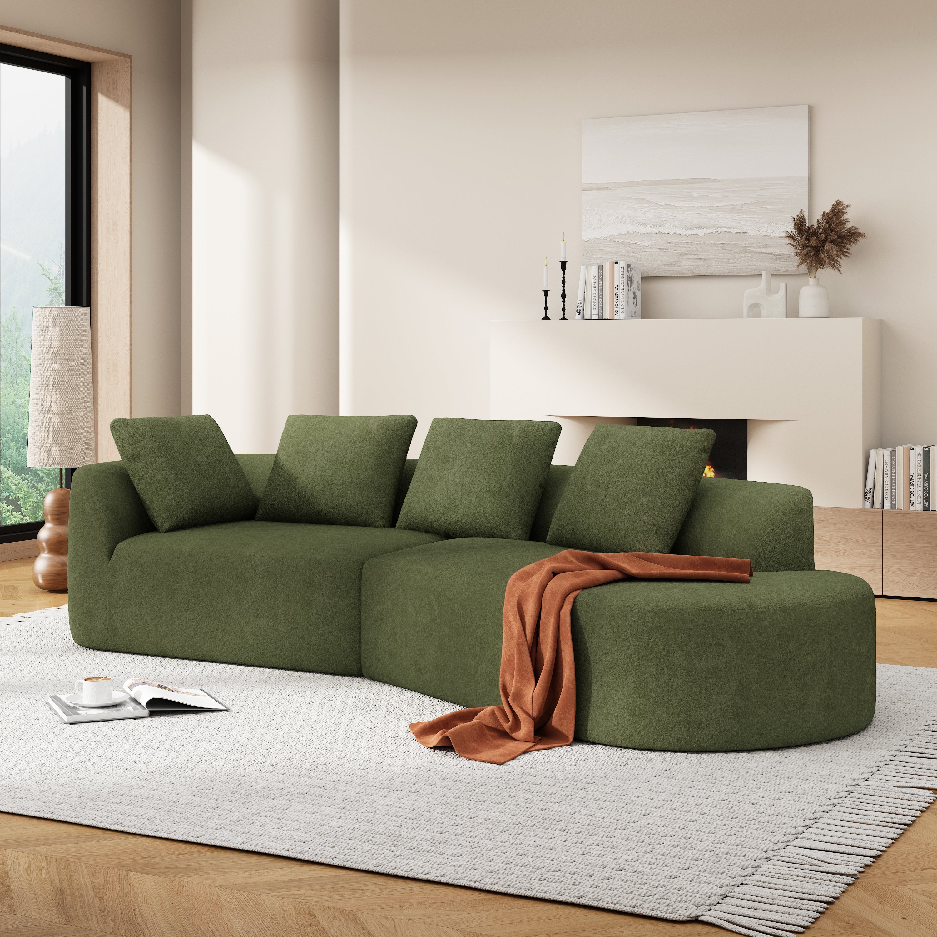 116' Modern Curved Sectional Sofa with High-Density Fully Compressed Sponge and Chaise Lounge, Pearl Upholstery, 2-Piece Set, Fully Assembled Right Hand Facing, Perfect for Living Room, Lounge