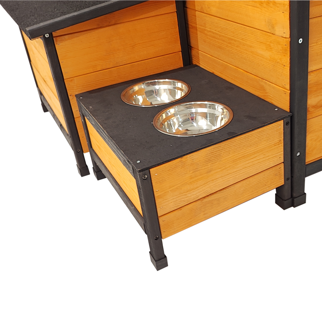 XPT088 Wearable and Strong Wooden Dog House with Metal Bowls and Toy Box, Natural, Solid Wood, 55.12 x 38.98 x 37.00 inches