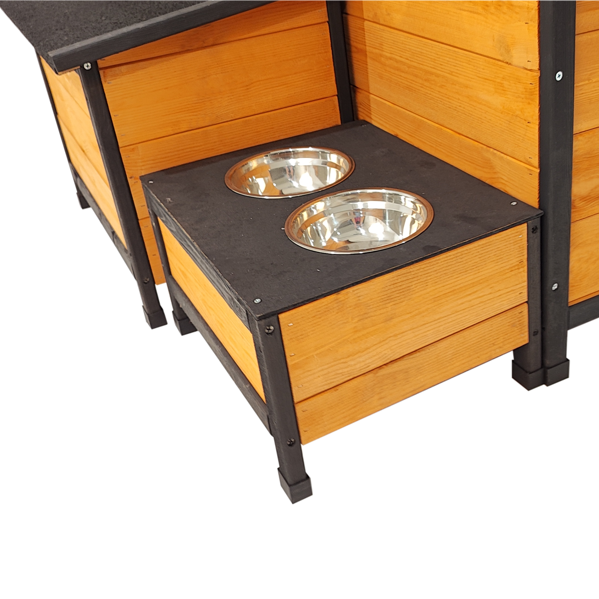 XPT088 Wearable and Strong Wooden Dog House with Metal Bowls and Toy Box, Natural, Solid Wood, 55.12 x 38.98 x 37.00 inches