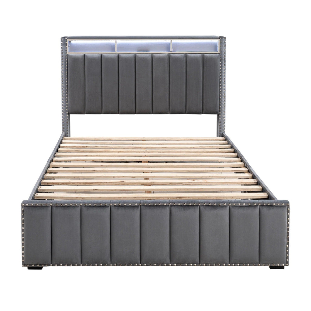 Contemporary 3pc Bedroom Set Queen Size Bed 2x Nightstands Bedroom Furniture Dark Gray Fabric Upholstered Bedframe w LED Nailhead Trim