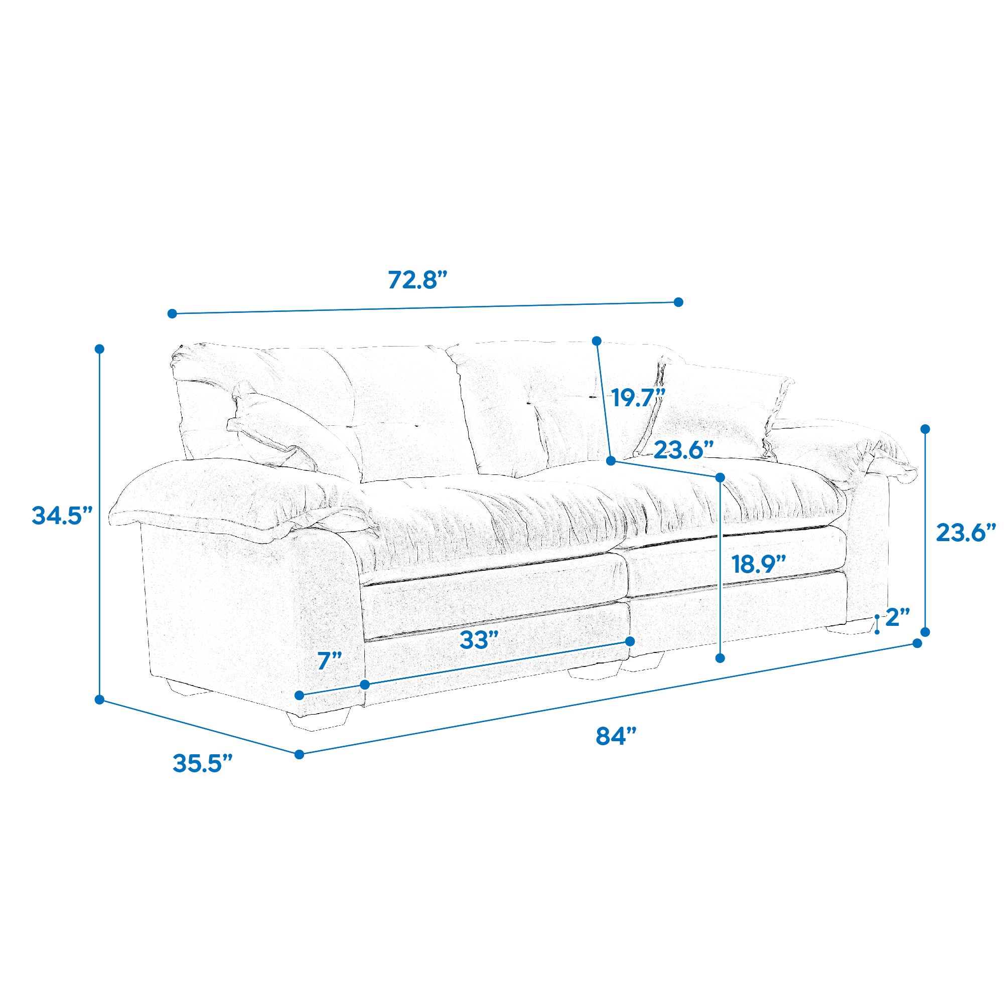 84' Chenille Sofa Small Sofa Loveseat Deep Seat Sofa Couch with 2 Throw Pillows & Memory Foam for Living Room Apartment Office Lounge-Blue