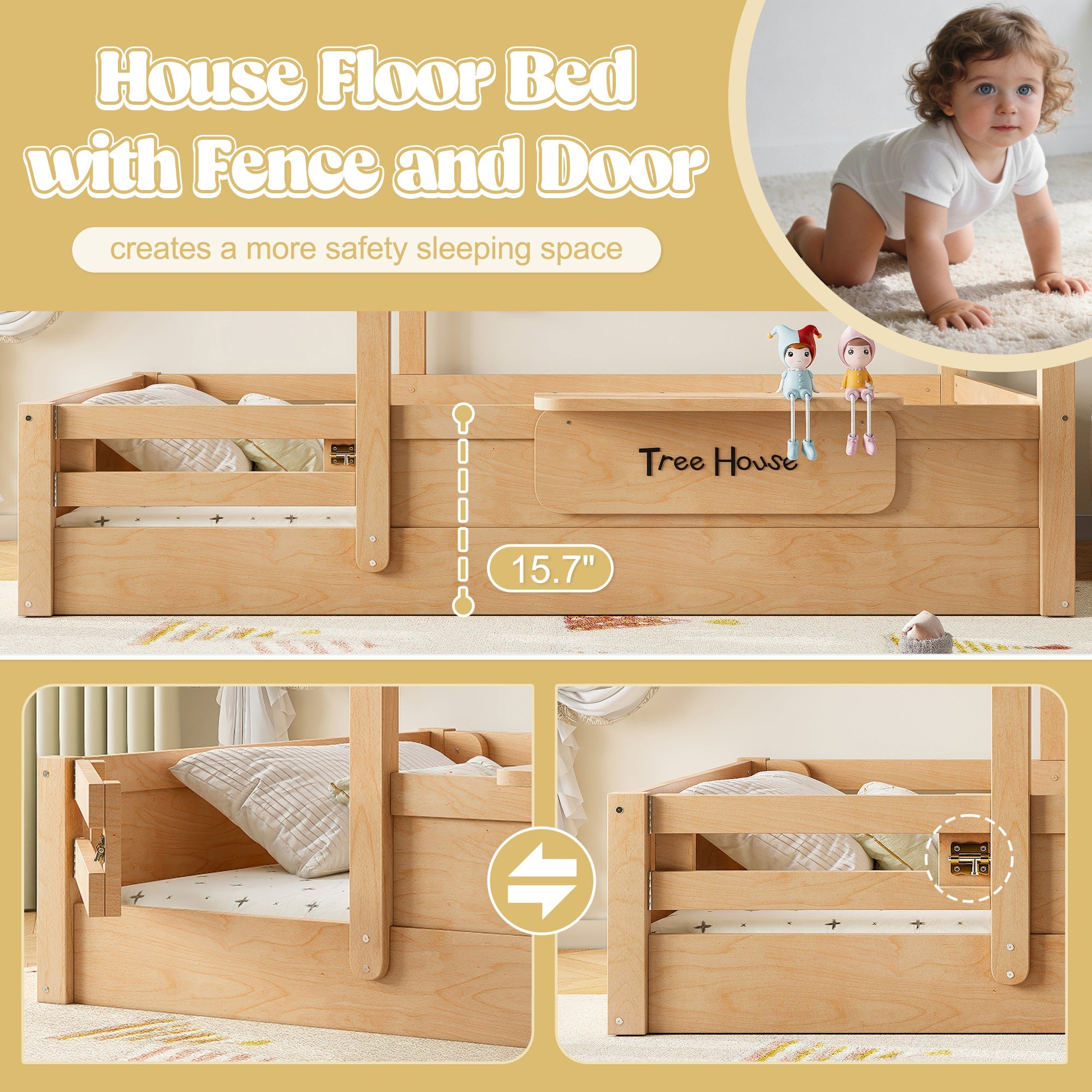 Full Size Floor Bed with Guardrails and Roof, Kids House Floor Bed with a Small Built-in Tray and Free-installed Signboard, Childlike Design, Natural
