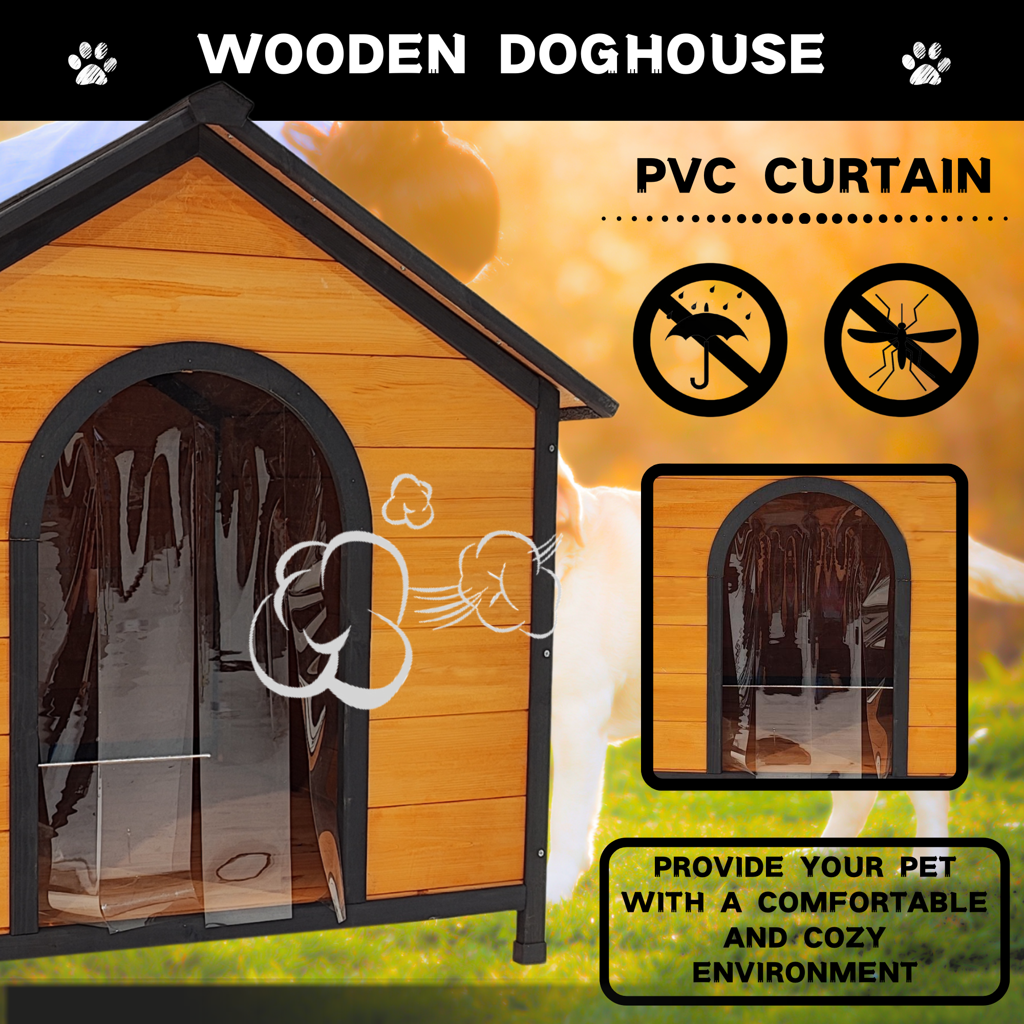 XPT088 Wearable and Strong Wooden Dog House with Metal Bowls and Toy Box, Natural, Solid Wood, 55.12 x 38.98 x 37.00 inches