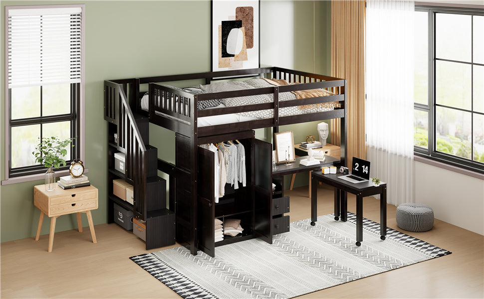 Full Size Loft Bed with Stairs, Bookshelf, Drawers, Desk & Wardrobe – Space-Saving Multifunctional Furniture for Kids & Teens-Espresso