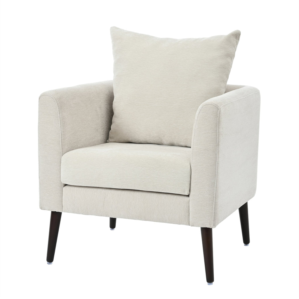 Modern Chenille Accent Chair, Upholstered Armchair for Living Room, Mid Century Fabric Lounge Chair w/Pillow, Comfortable Reading Chair with Wood Legs for Living Room, Bedroom, Reception Room (Beige)