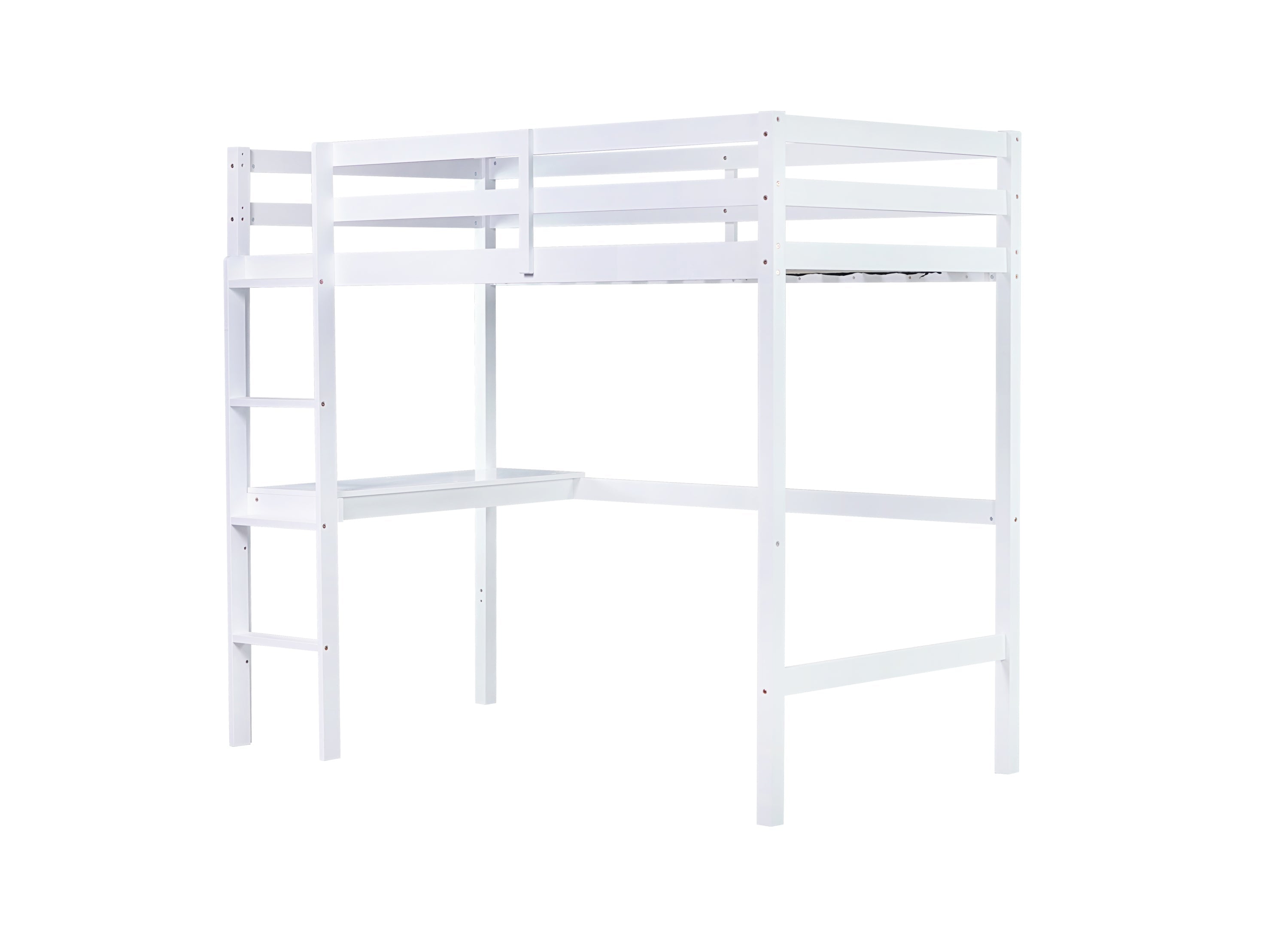 Twin High Loft Bed, Rubber Wood  Loft Bed with Safety Guardrail, built-in desk, ladder,White