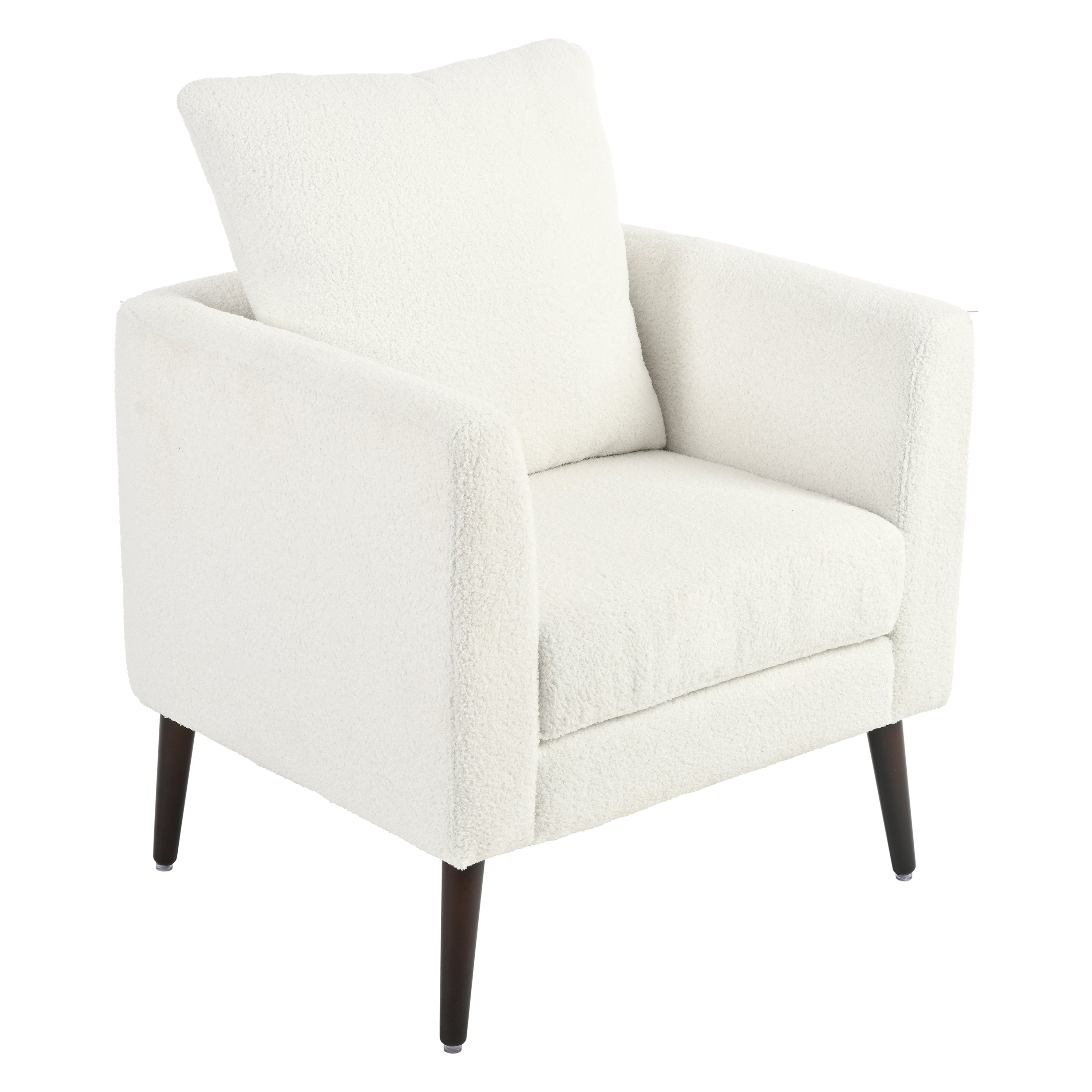 Modern Teddy Fabric Accent Chair - Mid-Century Upholstered Armchair with Pillow and Wood Legs for Living Room, Bedroom, or Reception Room - White