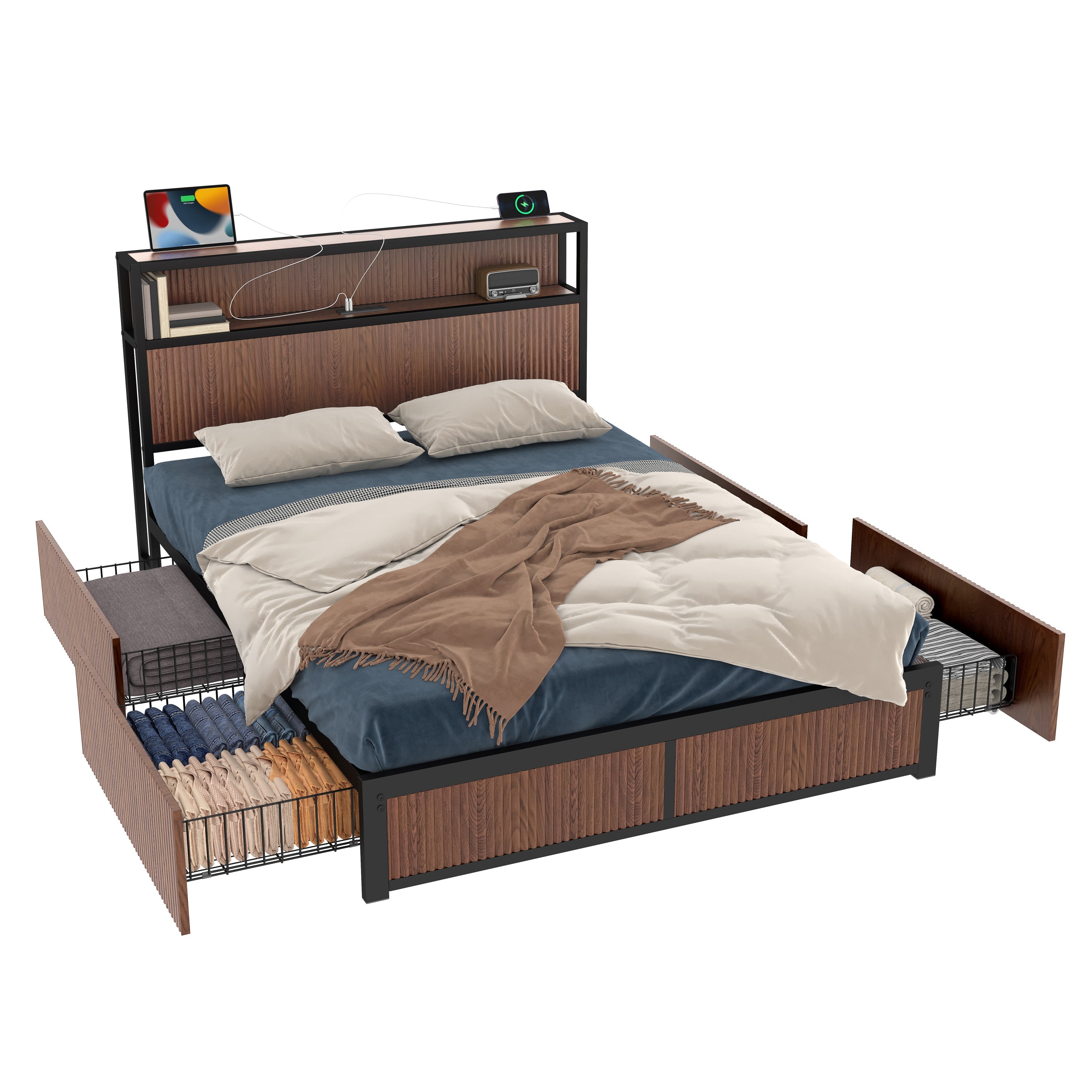 Large raised-pattern storage bed frame, wooden platform bed frame with multiple drawer storage function, bedside socket, brown wood (Queen)