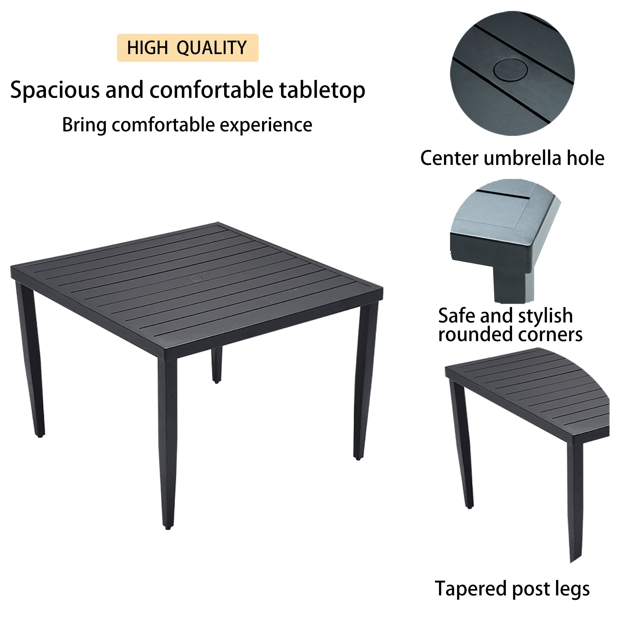 Outdoor Patio Aluminum 40'x40' Square Dining Table with Tapered Feet & 2'Umbrella Hole, Ember Black