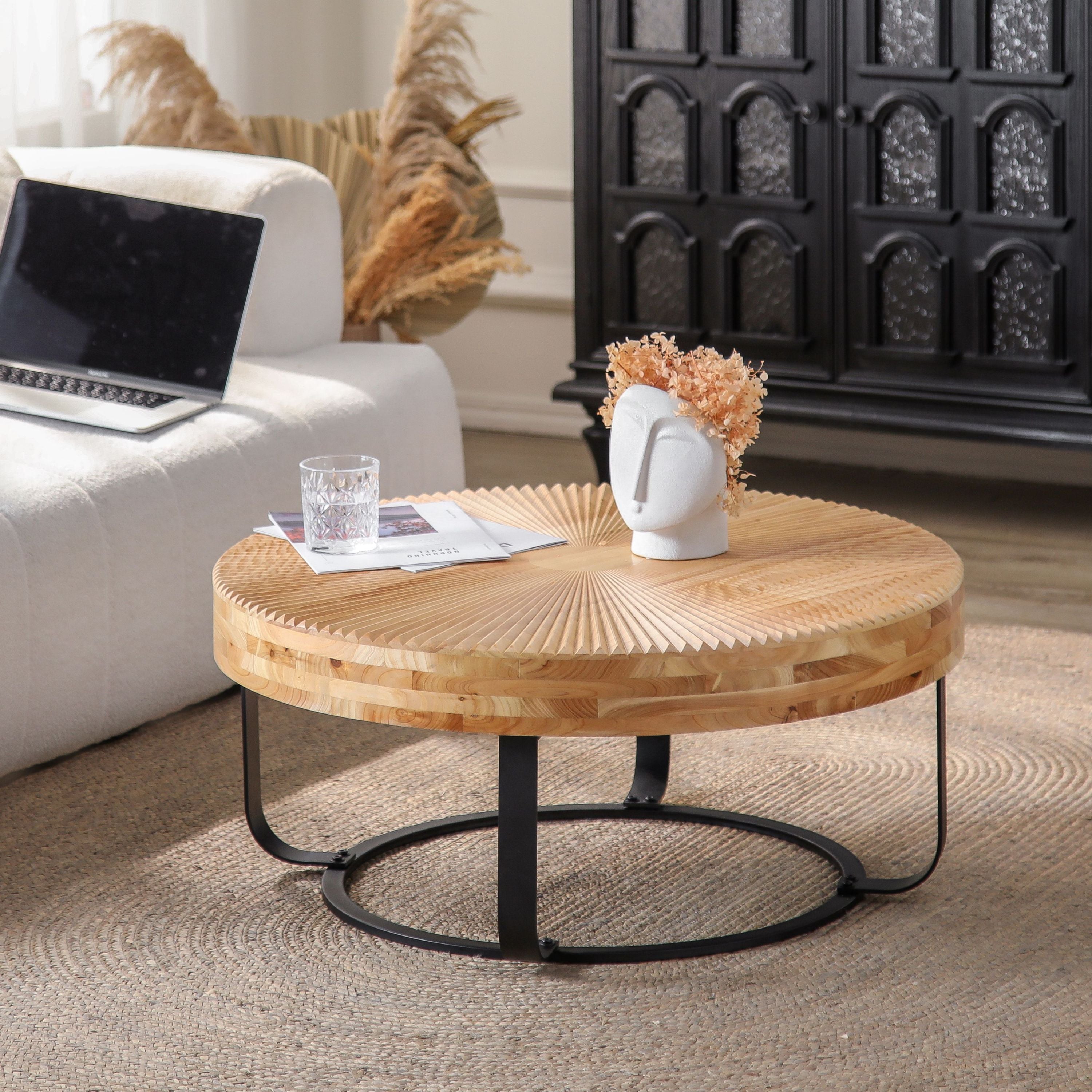 Modern Round Coffee Table Wooden Carving Pattern Coffee Table with Metal Legs for Living Room Reception Room Office ,Black