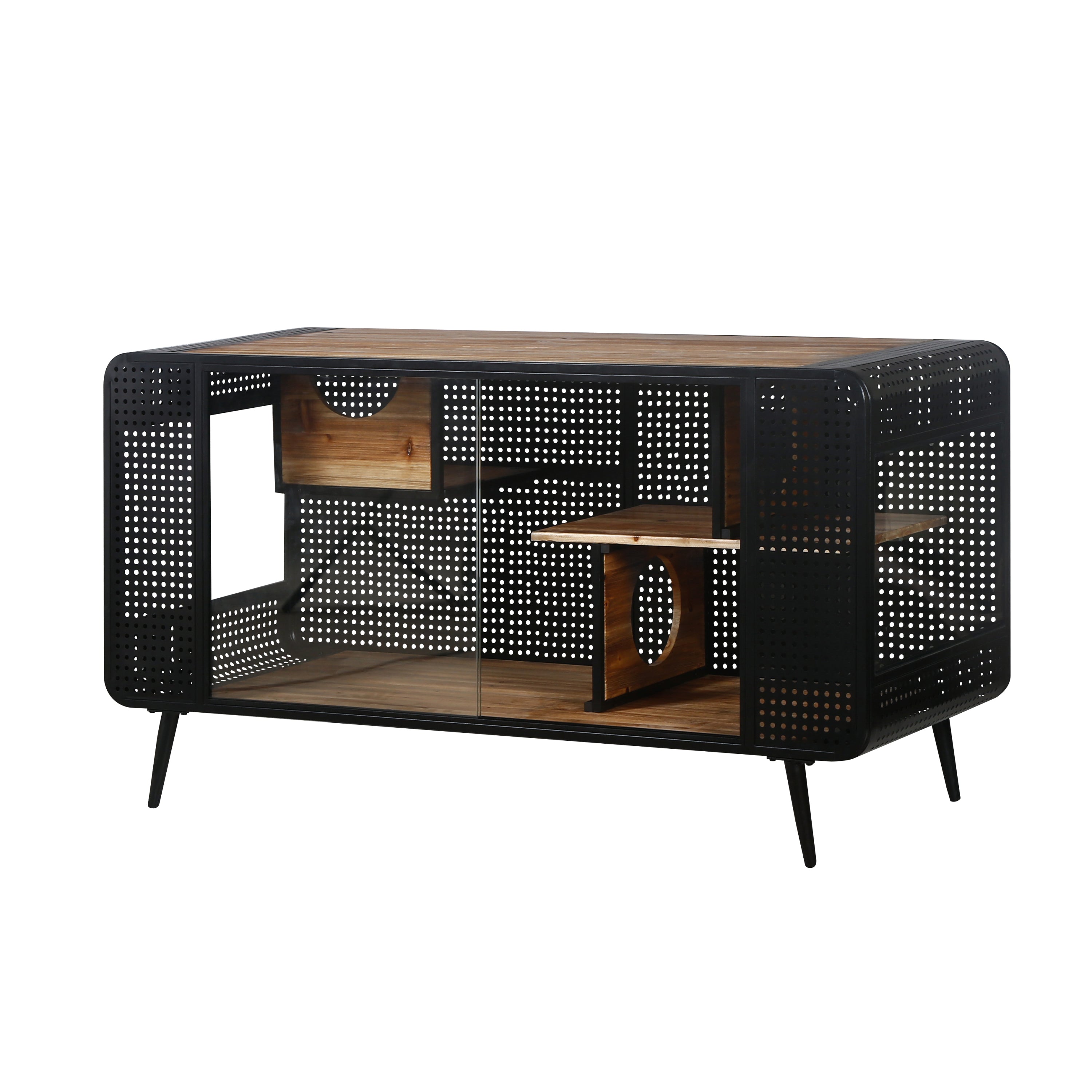 Modern Spacious Cat House with Tempered Glass and Iron Frame for Living Room, Black + Brown