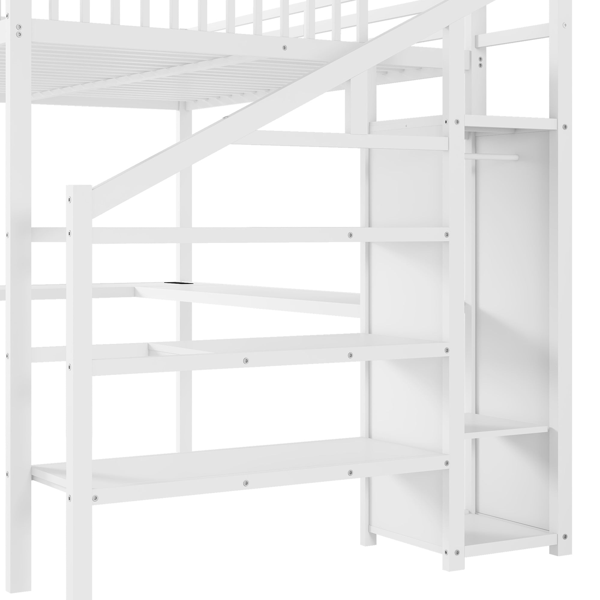 Metal Queen Loft Bed with Wardrobe and LED Light, Queen Size Loft Bed with L Shaped Desk and USB for Kids Teens Adults, White