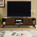 67.9 Inch Mid Century Modern Rattan TV Stand for TVs up to 75', Entertainment Cabinet, Media Console for Living Room Media Room, Solid Wood Feet & Rattan Cabinet Doors - Walnut