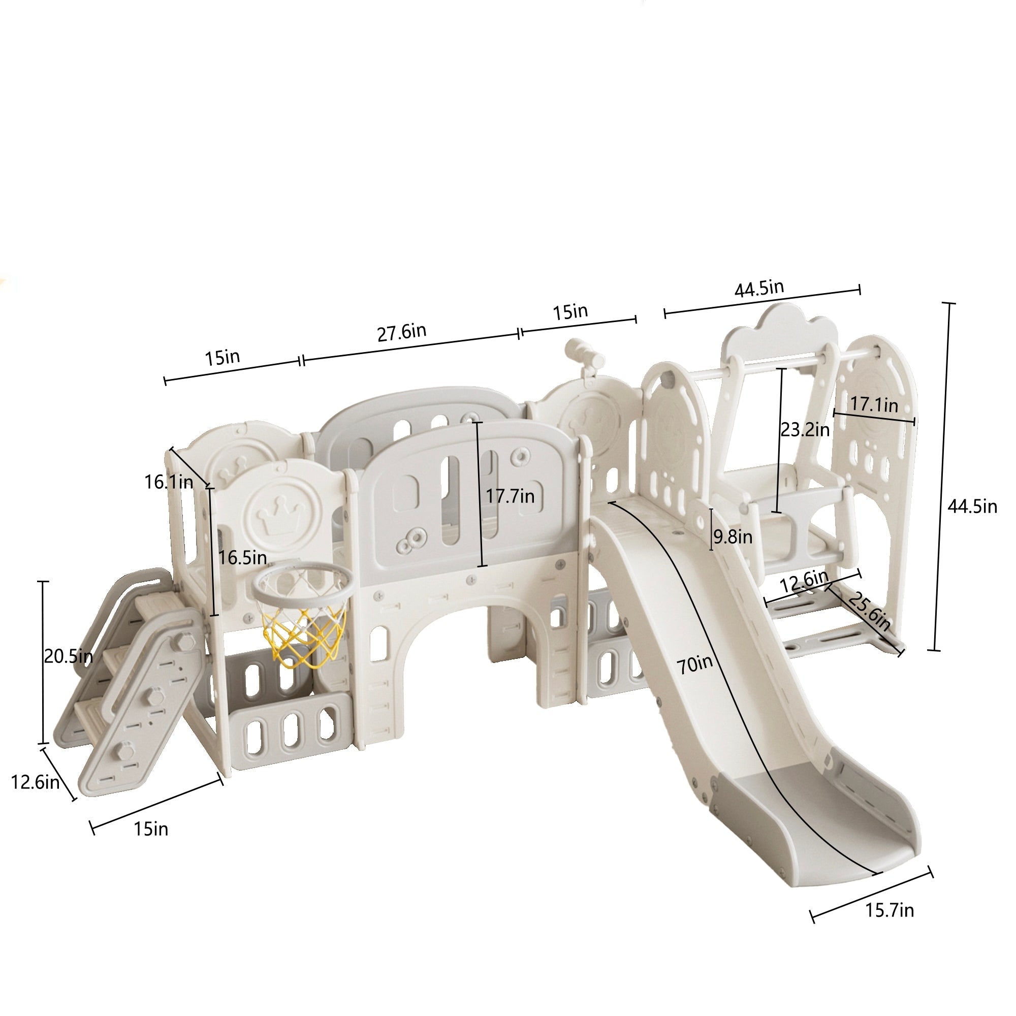Versatile Toddler Slide with 11-in-1 Activity Center, Grey+Ivory, Polyethylene, 116.54in