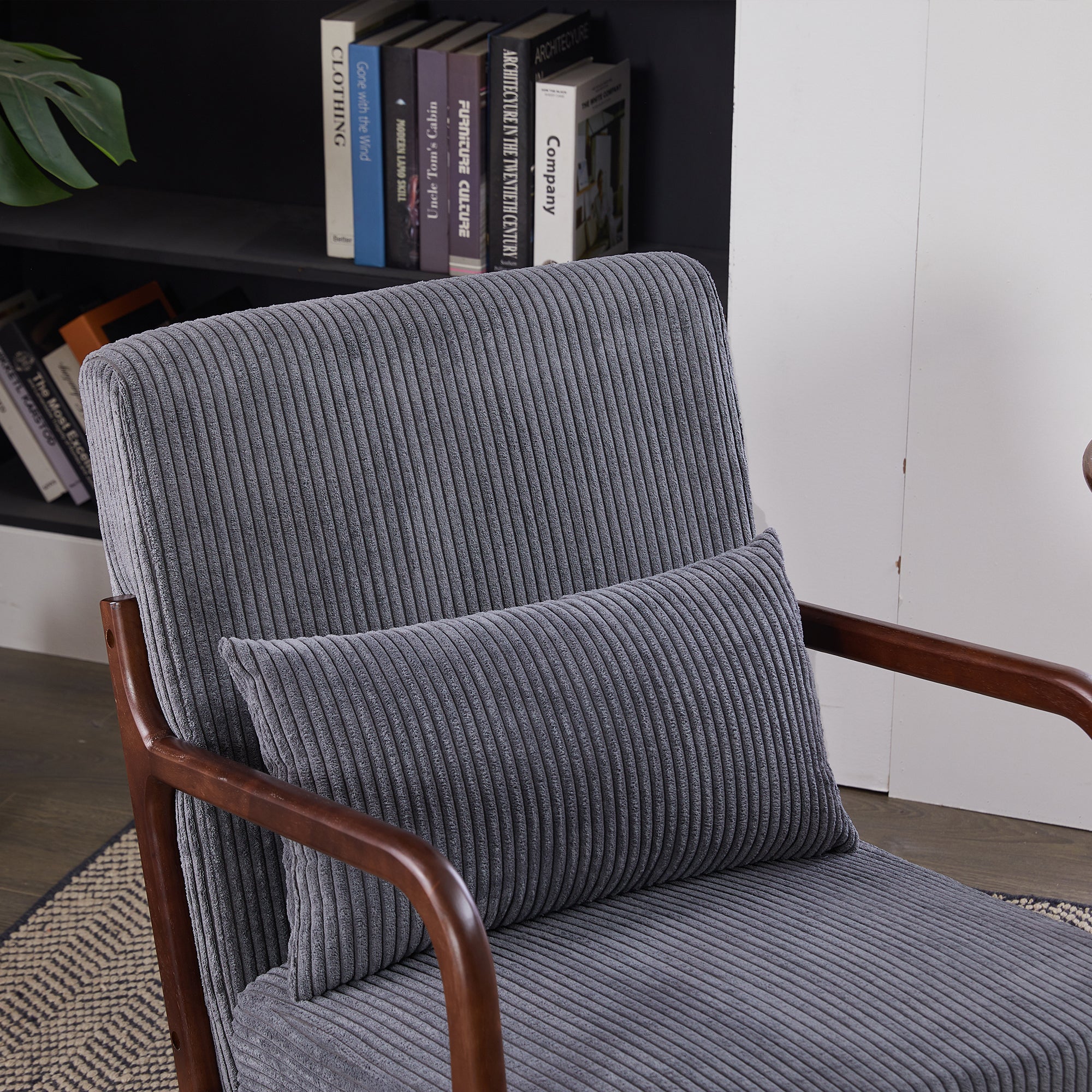 Mid-Century Modern Accent Chair with Pillow Upholstered in Antique Dark Grey Polyester and Solid Wood Frame(Antique Dark Grey)