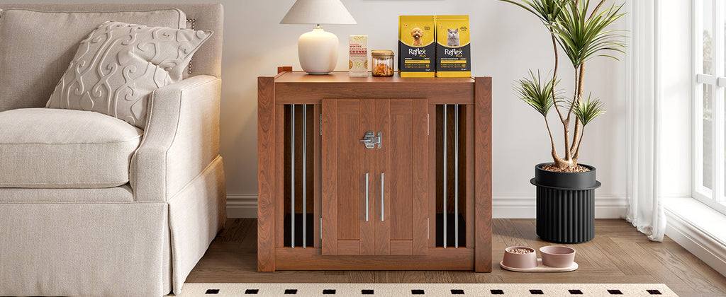 30.25'L, 2 in 1 Dog Crate with Padded Seat, Sliding Barn Door, Luxury Wooden Dog Kennel, End of Bed Bench Ottoman with Removable Cushion for Bedroom, Living Room, Walnut