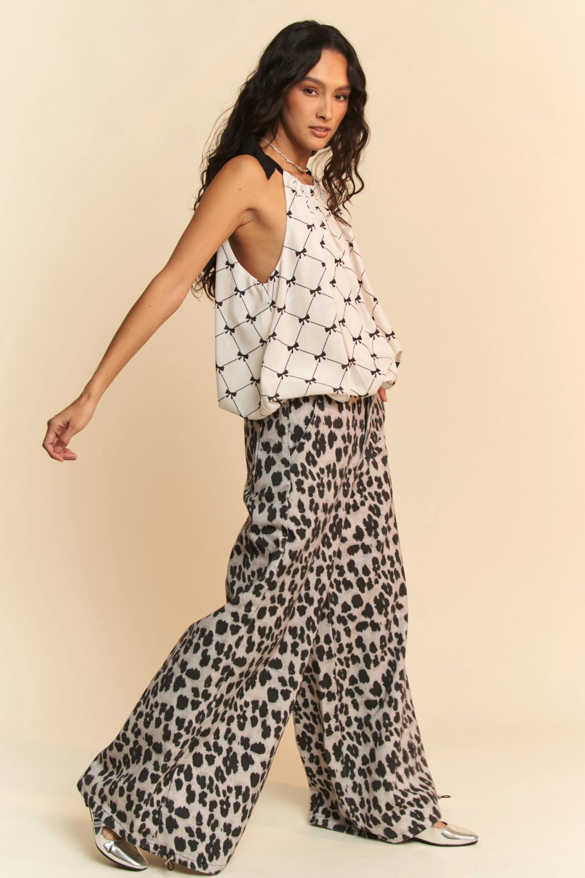 Davi & Dani Ribbon Checker Printed Tie Halter Neck Blouse Top
