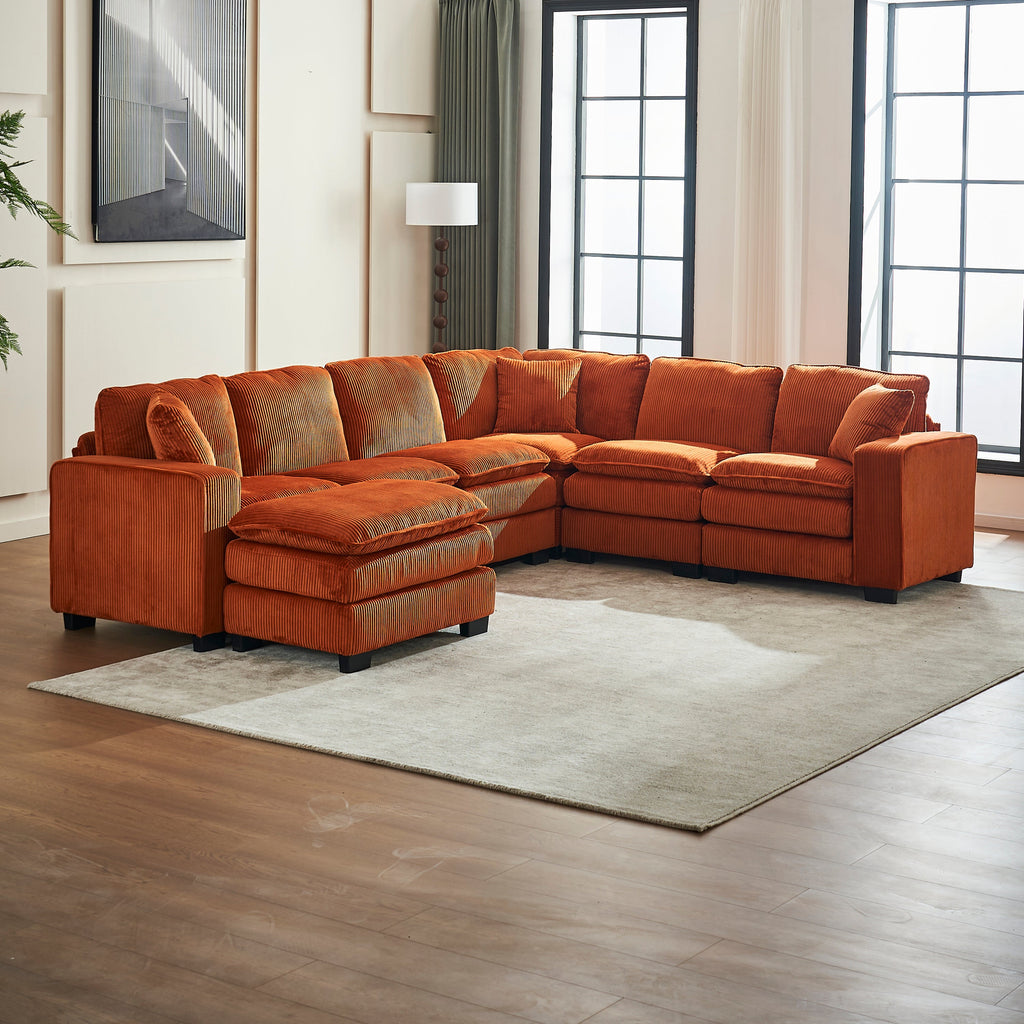 Modern U Shaped 6-seat Sectional Sofa Couch with one Ottoman and three toss pillows ,Modular Sofa for Living Room,Corduroy sofa