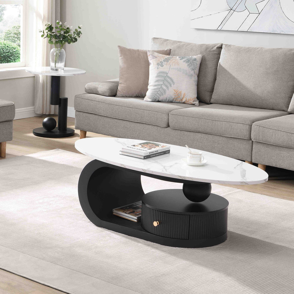 Modern Nesting Coffee Table Set of 2 End Table for Living Room, Oval and Round Table Set