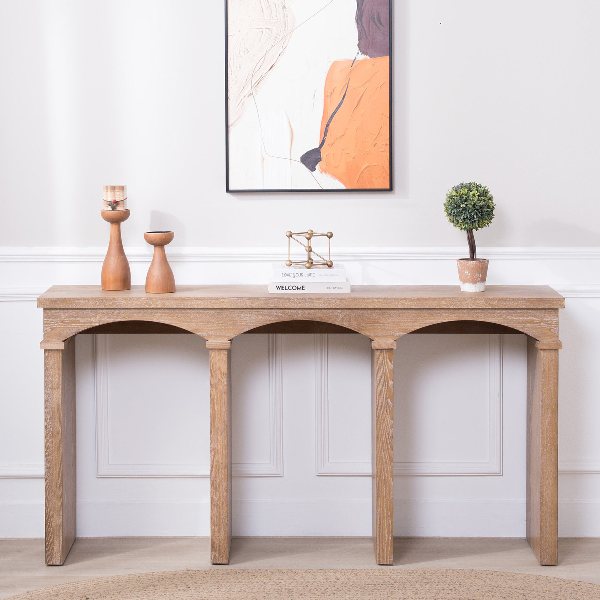 Rustic Archway Console Table – 60'Long Entryway Table with Decorative Arched Legs, Natural Wood Finish, Narrow Sofa Table for Hallway, Living Room, or Foyer