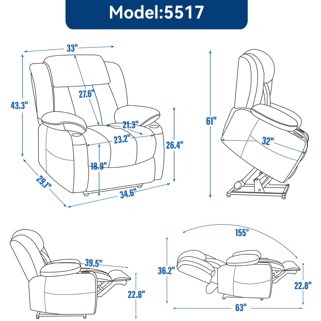 Up to 350 LBS Chenille Power Lift Recliner Chair, Heavy Duty Motion Mechanism with 8-Point Vibration Massage and Lumbar Heating, USB and Type-C Ports, Stainless Steel Cup Holders, Blue