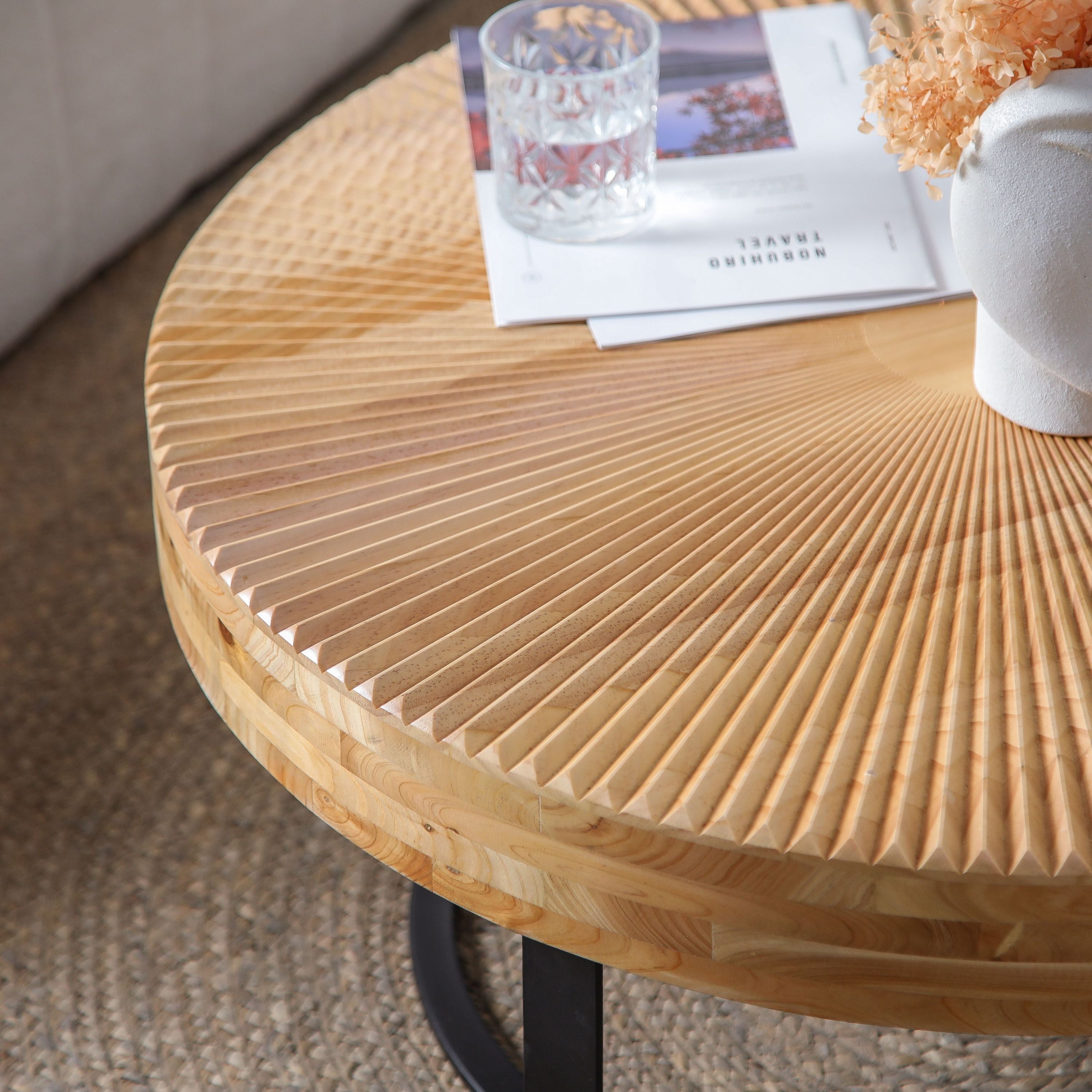 Modern Round Coffee Table Wooden Carving Pattern Coffee Table with Metal Legs for Living Room Reception Room Office ,Black