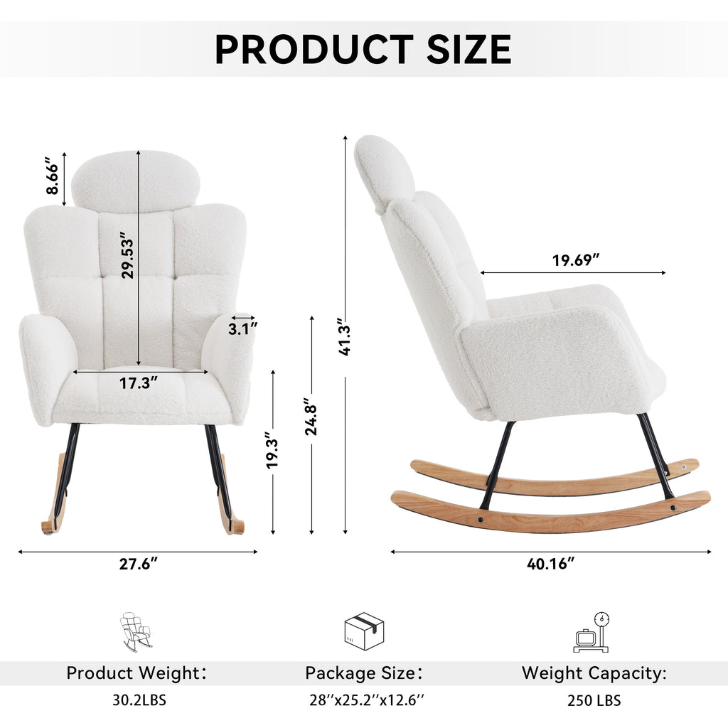 Modern Ivory Teddy Fabric Upholstered Nursery Rocking Glider Chair with Padded Seat and High Backrest