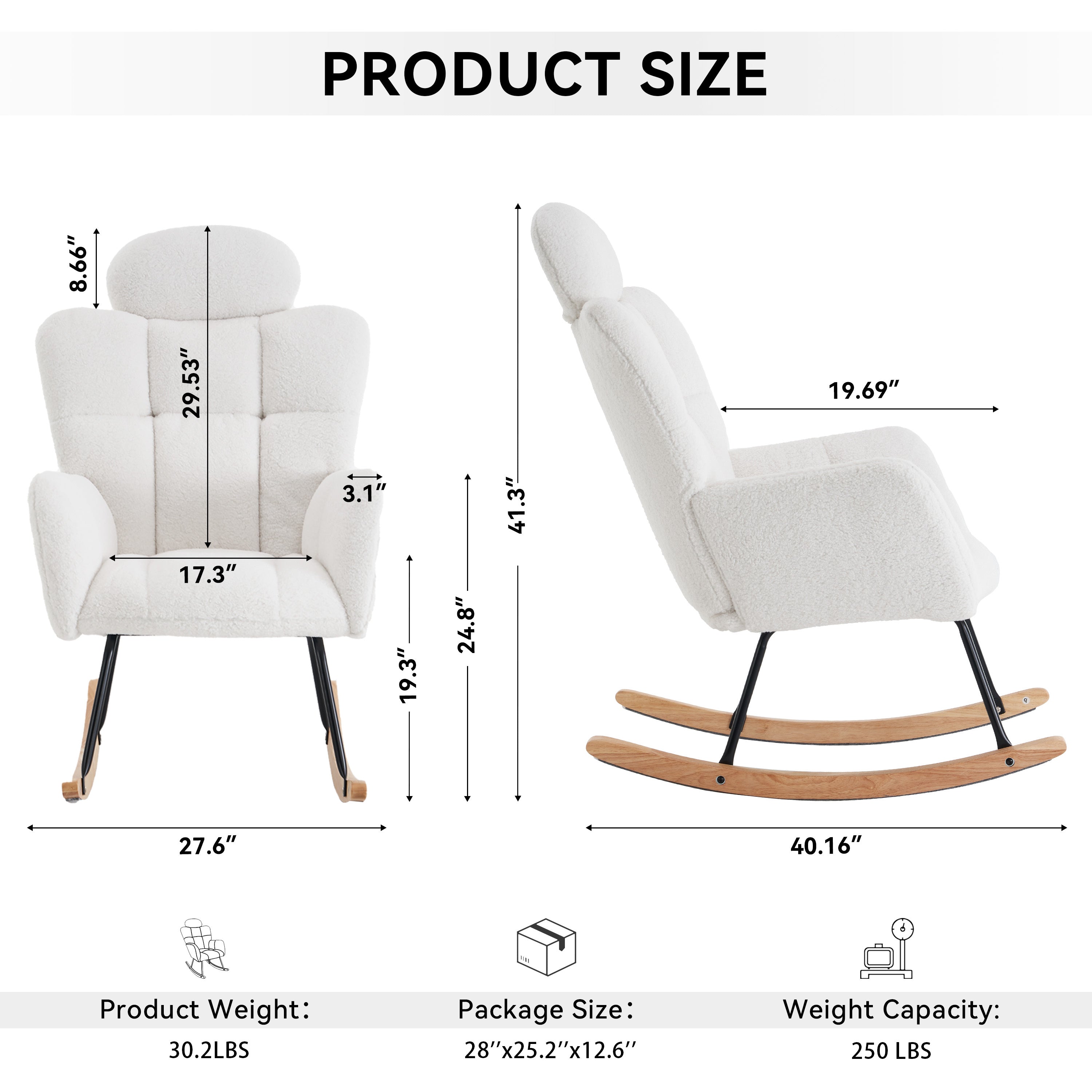 Modern Ivory Teddy Fabric Upholstered Nursery Rocking Glider Chair with Padded Seat and High Backrest